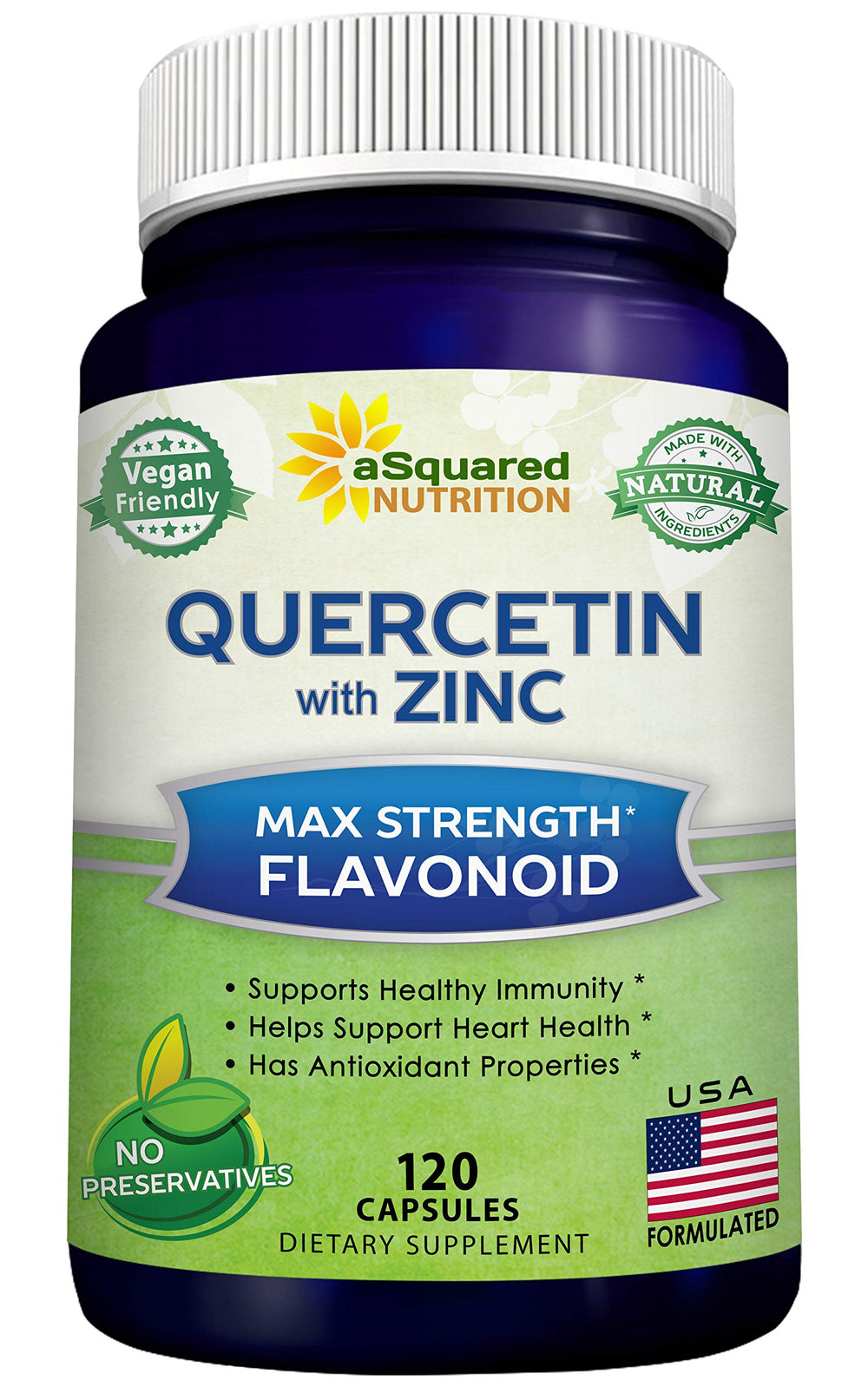 aSquared Nutrition Quercetin 1000mg with Zinc bottle front for immune support.