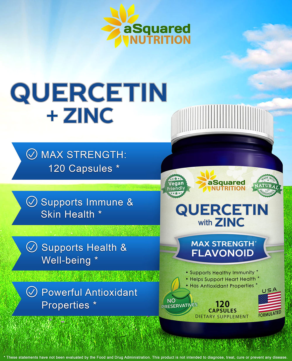 aSquared Nutrition Quercetin 1000mg with Zinc capsules poured, easy daily intake.