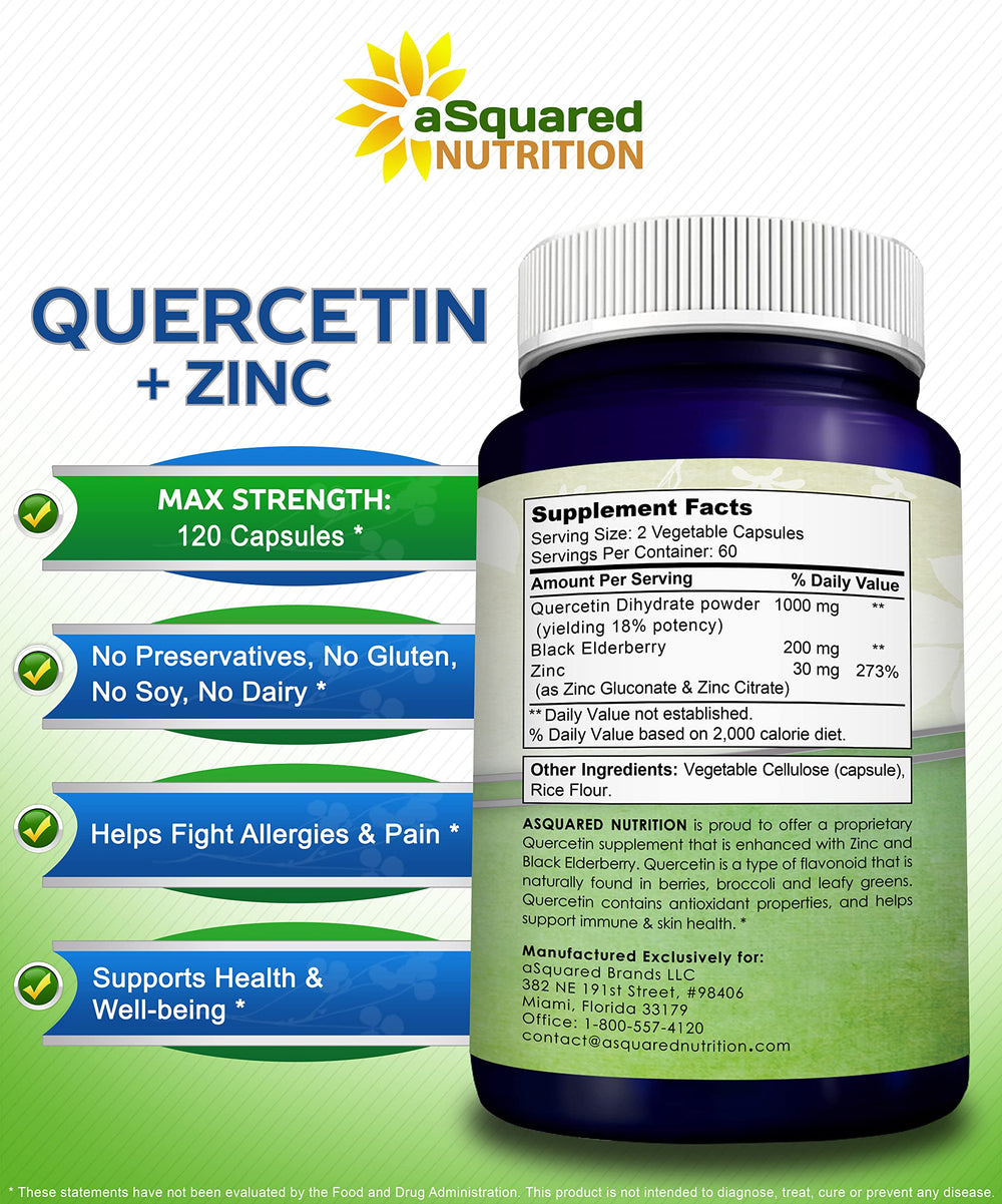 aSquared Nutrition Quercetin 1000mg with Zinc box and elderberry visual.