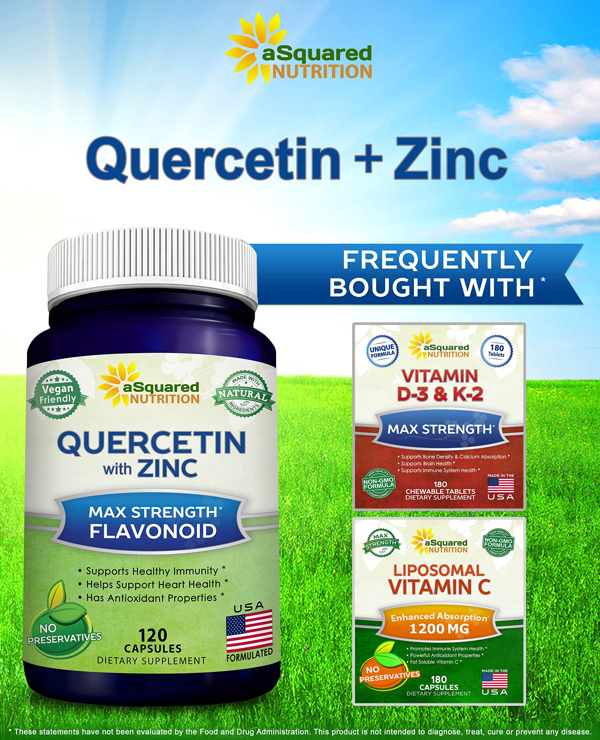 aSquared Nutrition Quercetin 1000mg with Zinc ingredients panel for transparency.