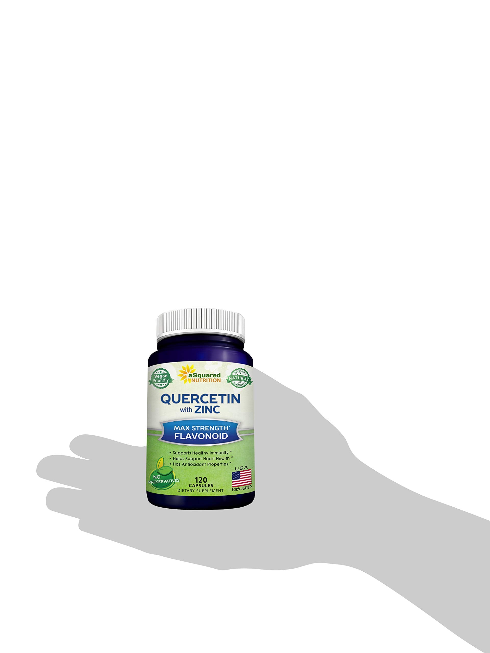 aSquared Nutrition Quercetin 1000mg with Zinc Made in USA badge visible.