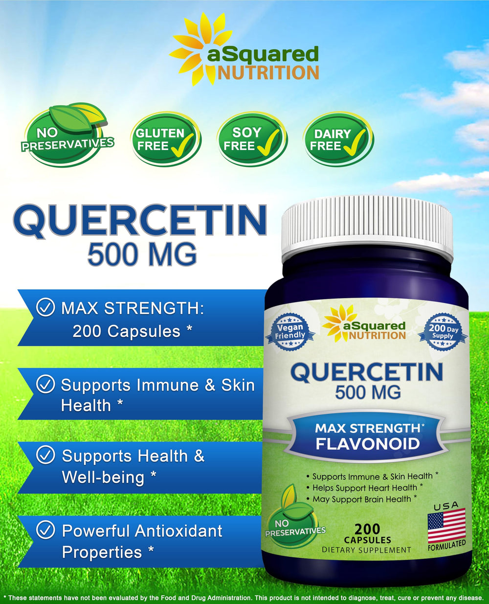 Close-up of Quercetin capsules highlighting vegan, high-potency 500mg per capsule