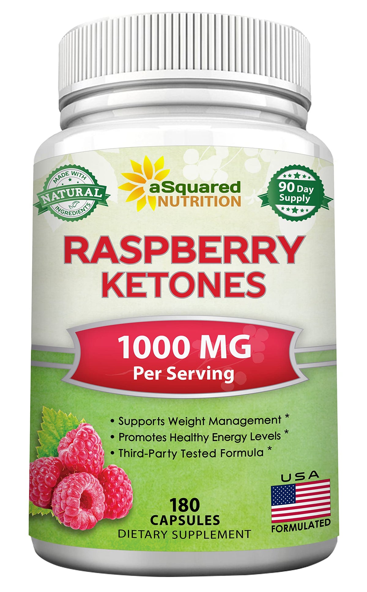 aSquared Nutrition Raspberry Ketones bottle on the kitchen counter for daily energy support.