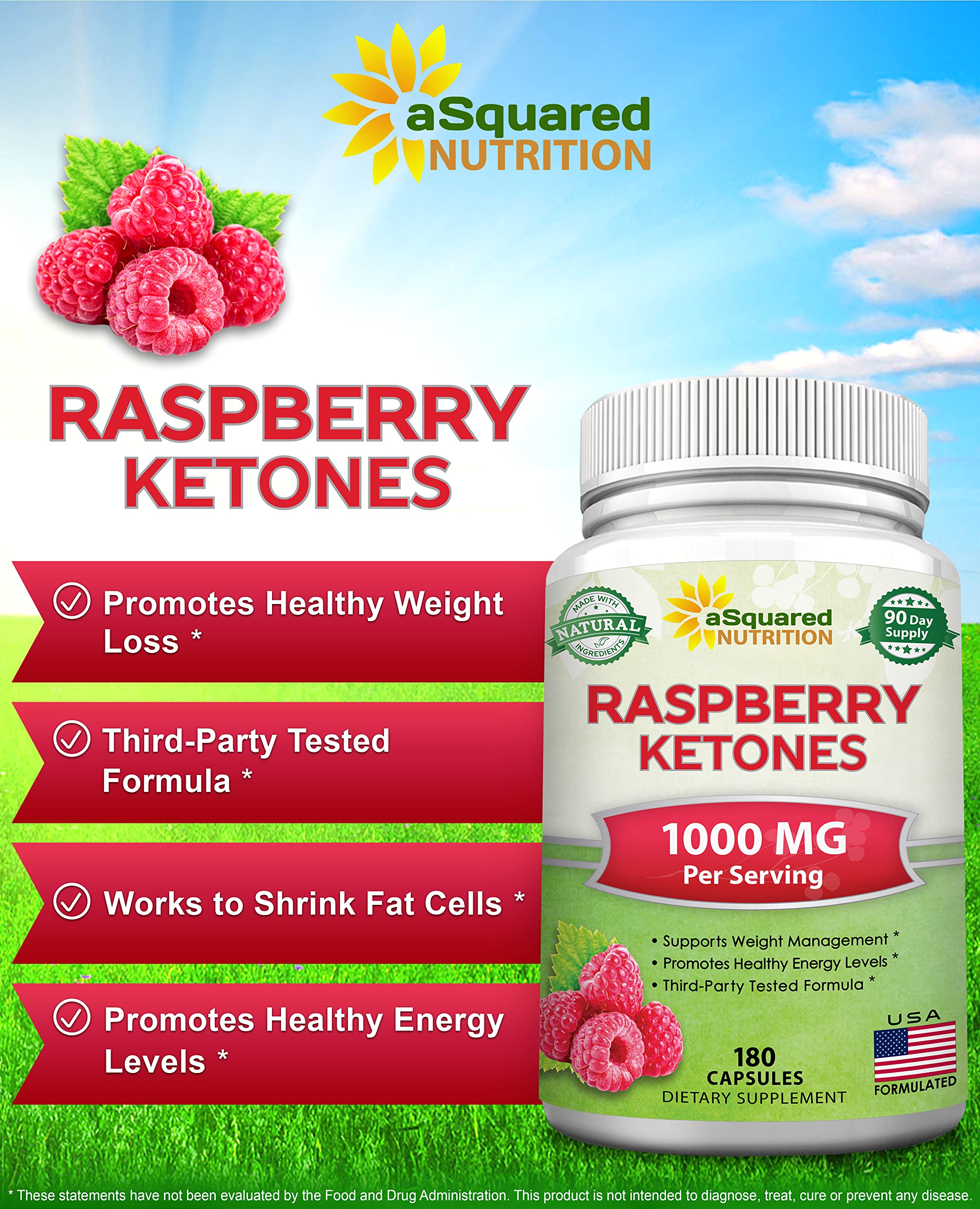 aSquared Nutrition Raspberry Ketones capsules close-up showing an 180-count bottle for a 3-month supply.