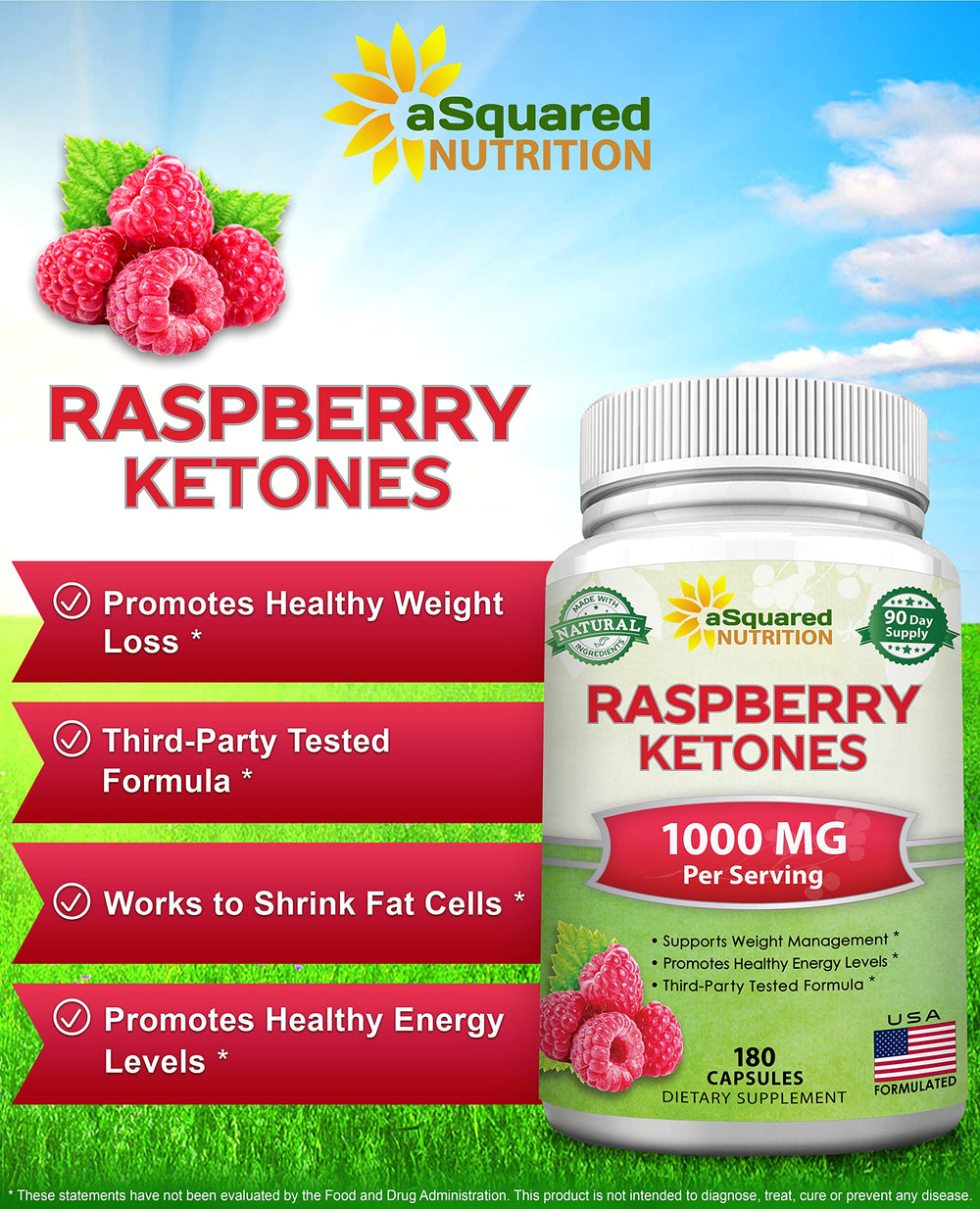aSquared Nutrition Raspberry Ketones capsules close-up showing an 180-count bottle for a 3-month supply.