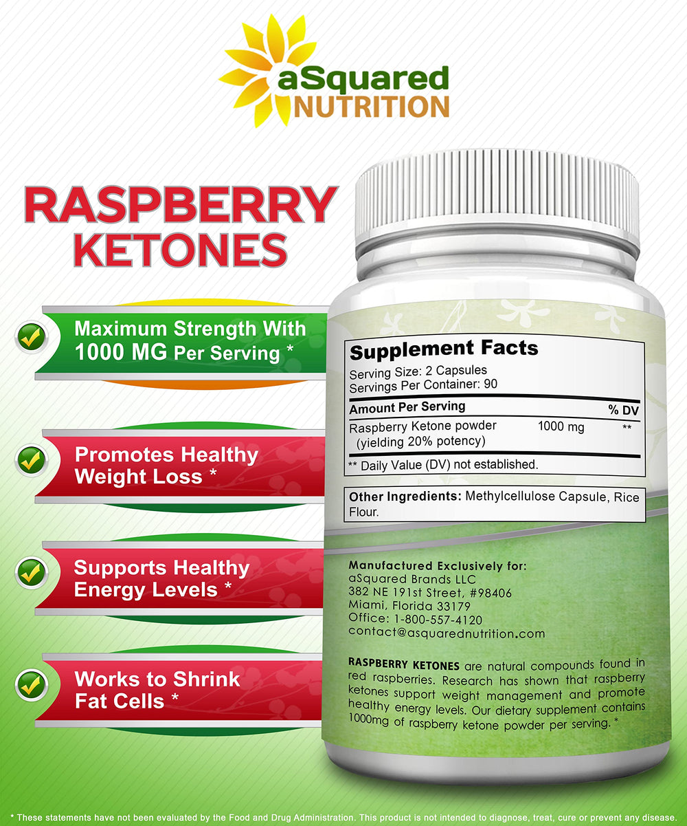 Label highlights 100% natural raspberry ketones and absence of unnecessary fillers.