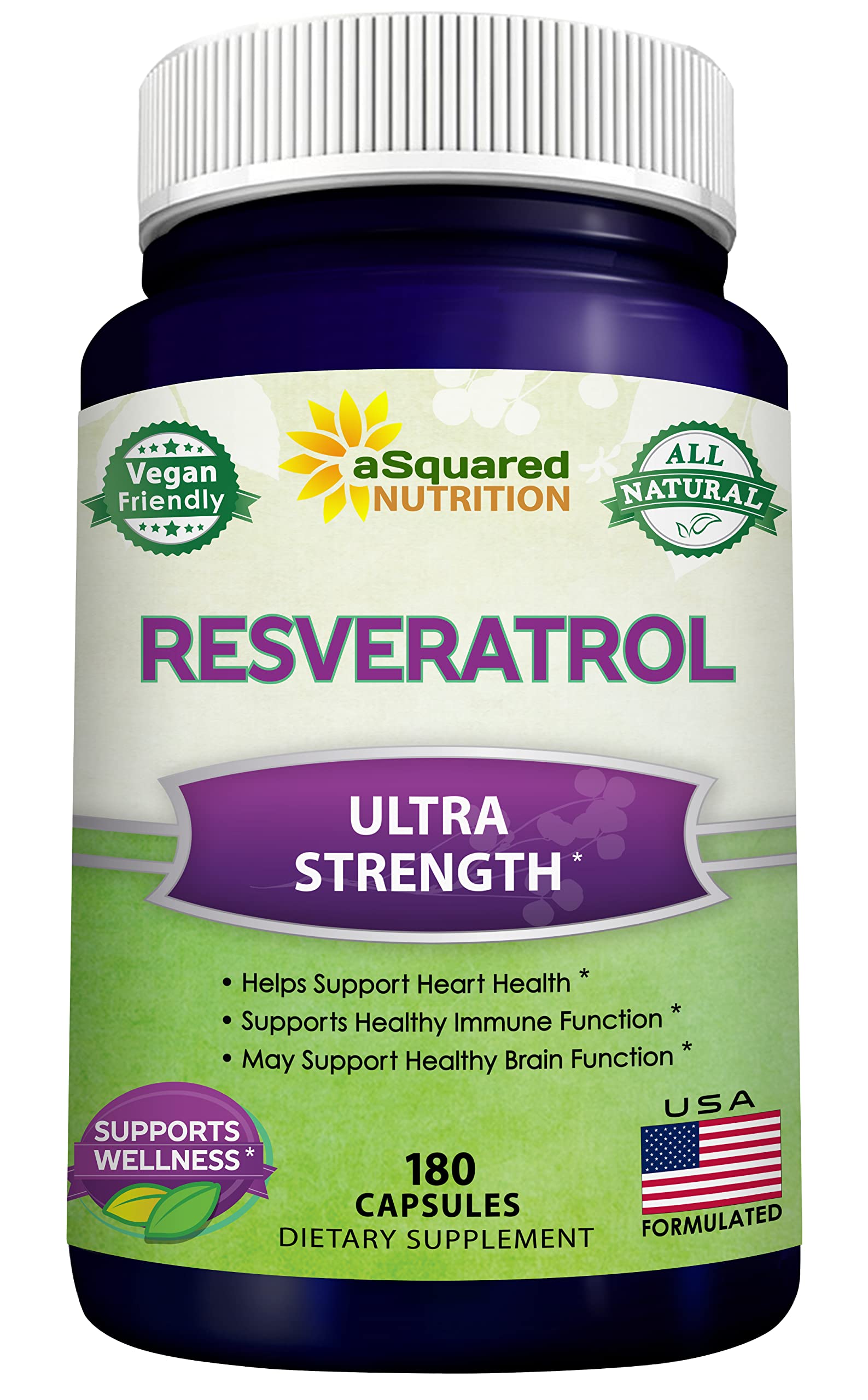 aSquared Nutrition resveratrol bottle front shows max strength formula for daily antioxidant support.