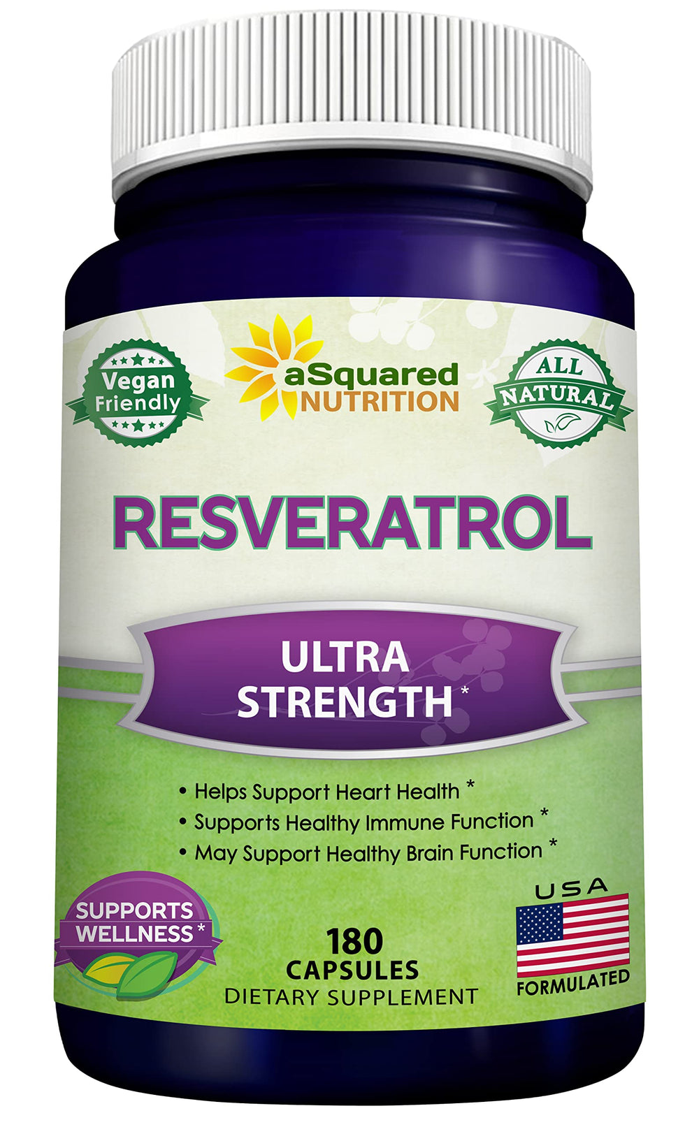 aSquared Nutrition resveratrol bottle front shows max strength formula for daily antioxidant support.