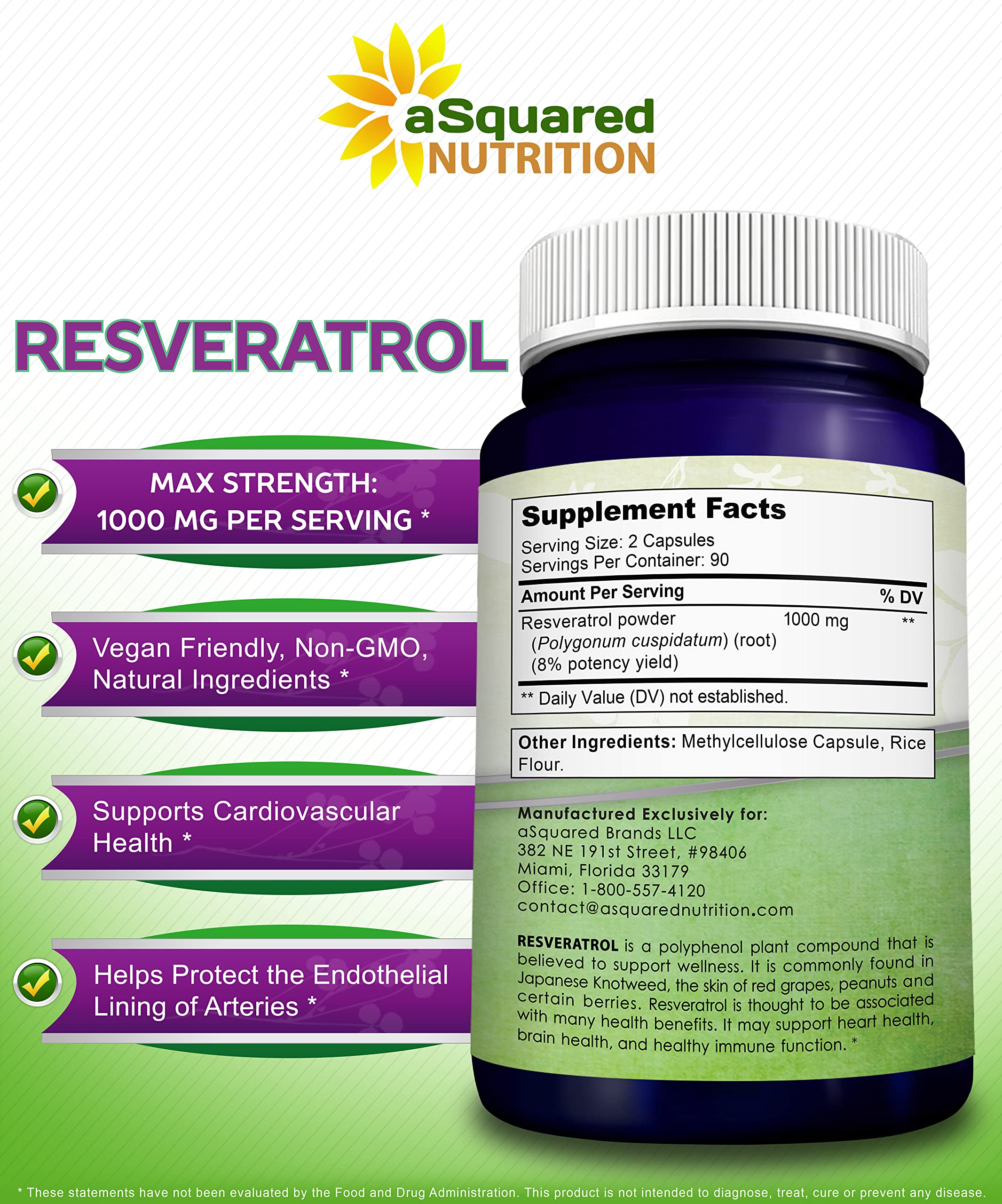 aSquared Nutrition resveratrol GMP manufacturing badge reassures USA-based production standards.