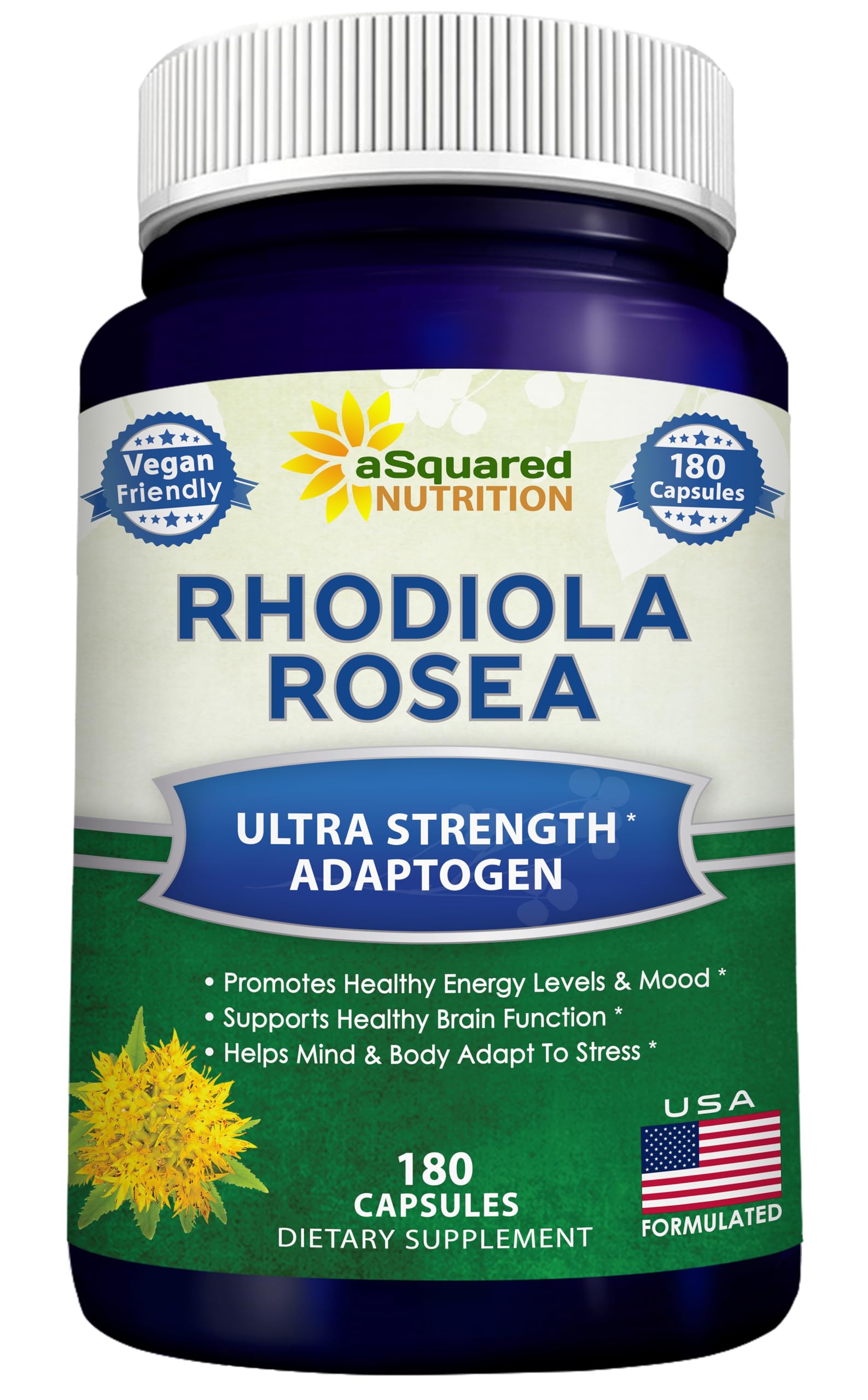 Asquared Nutrition Rhodiola Rosea 1000mg bottle with vegan capsules for daily energy support.