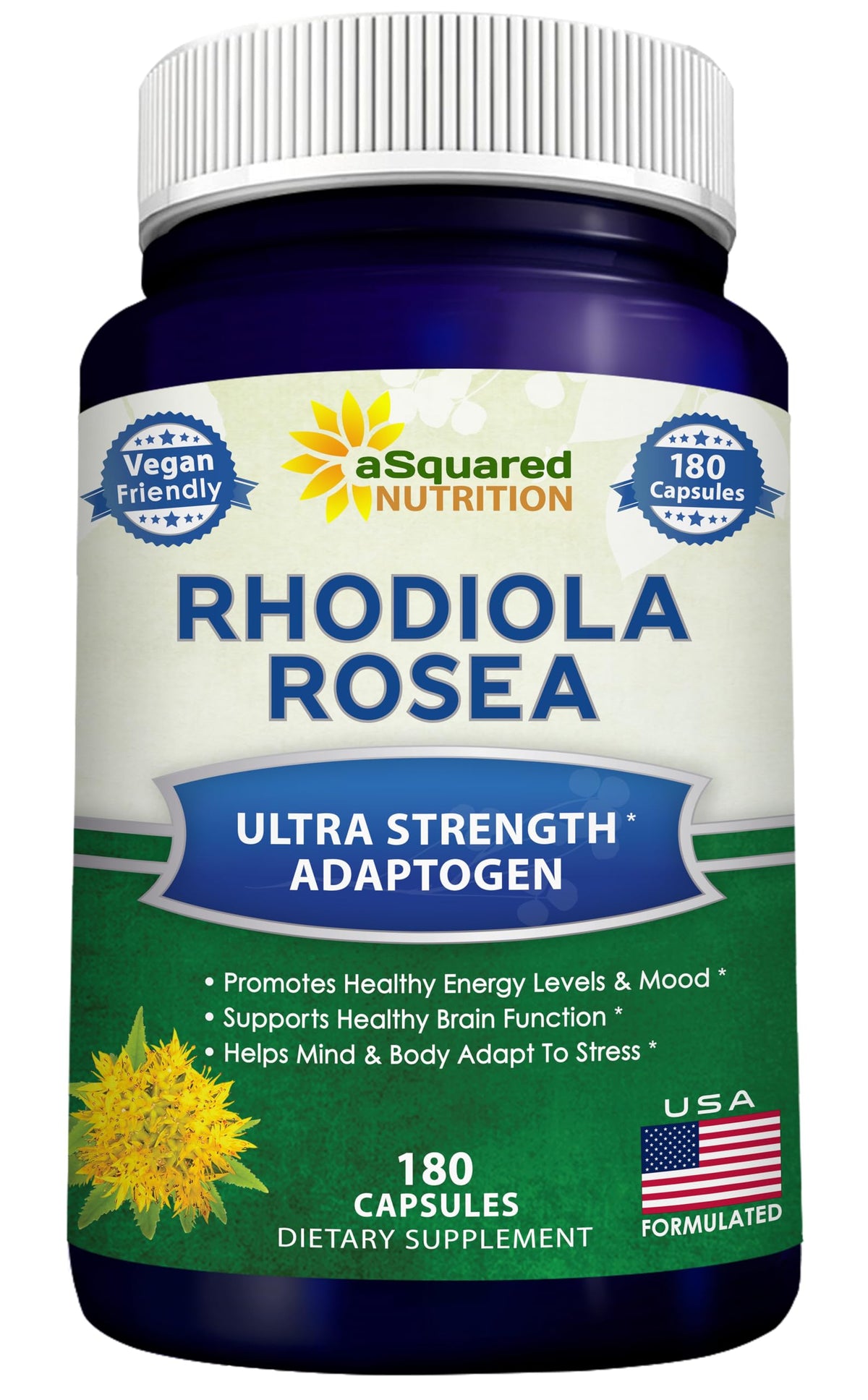 Asquared Nutrition Rhodiola Rosea 1000mg bottle with vegan capsules for daily energy support.