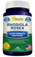 Asquared Nutrition Rhodiola Rosea 1000mg bottle with vegan capsules for daily energy support.