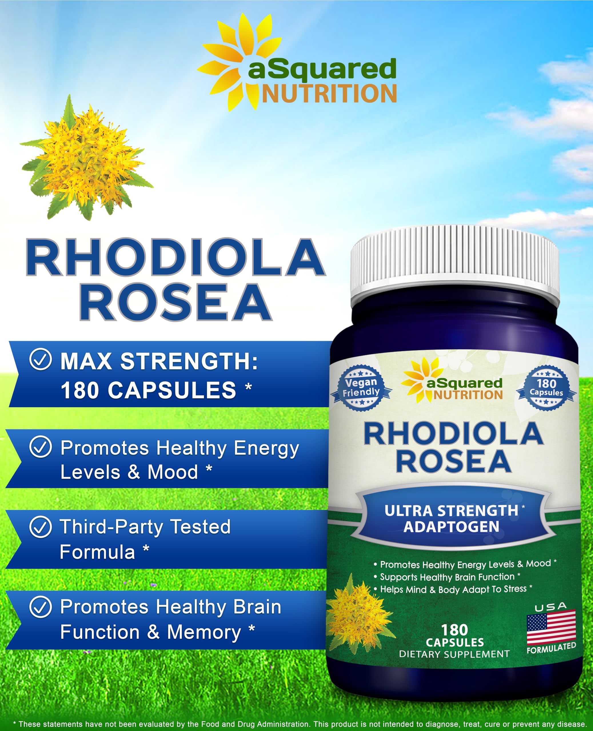 Rhodiola Rosea label closeup highlighting USA-made quality and potency.
