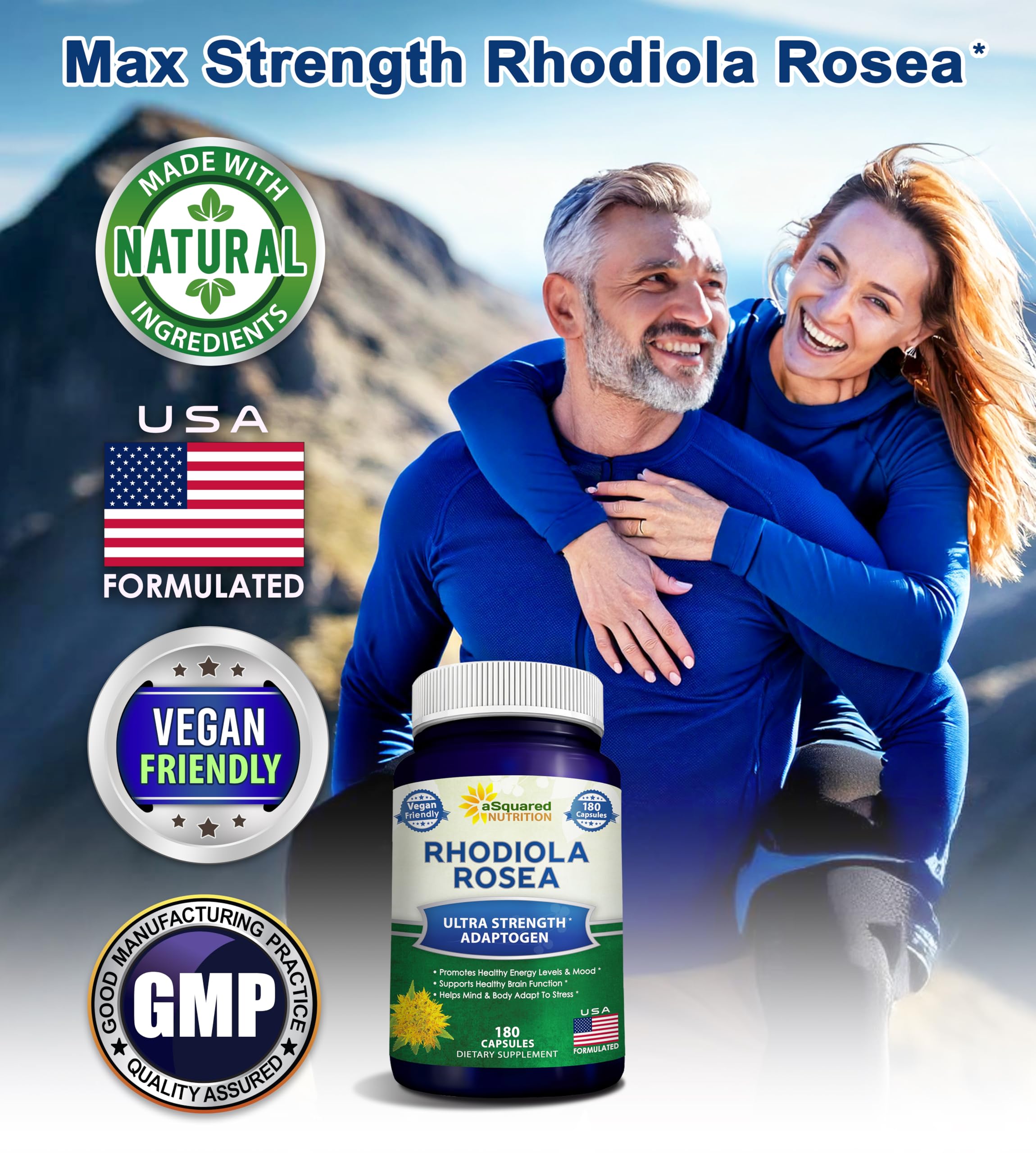 Asquared Nutrition Rhodiola Rosea capsules ready for a focused, balanced day.