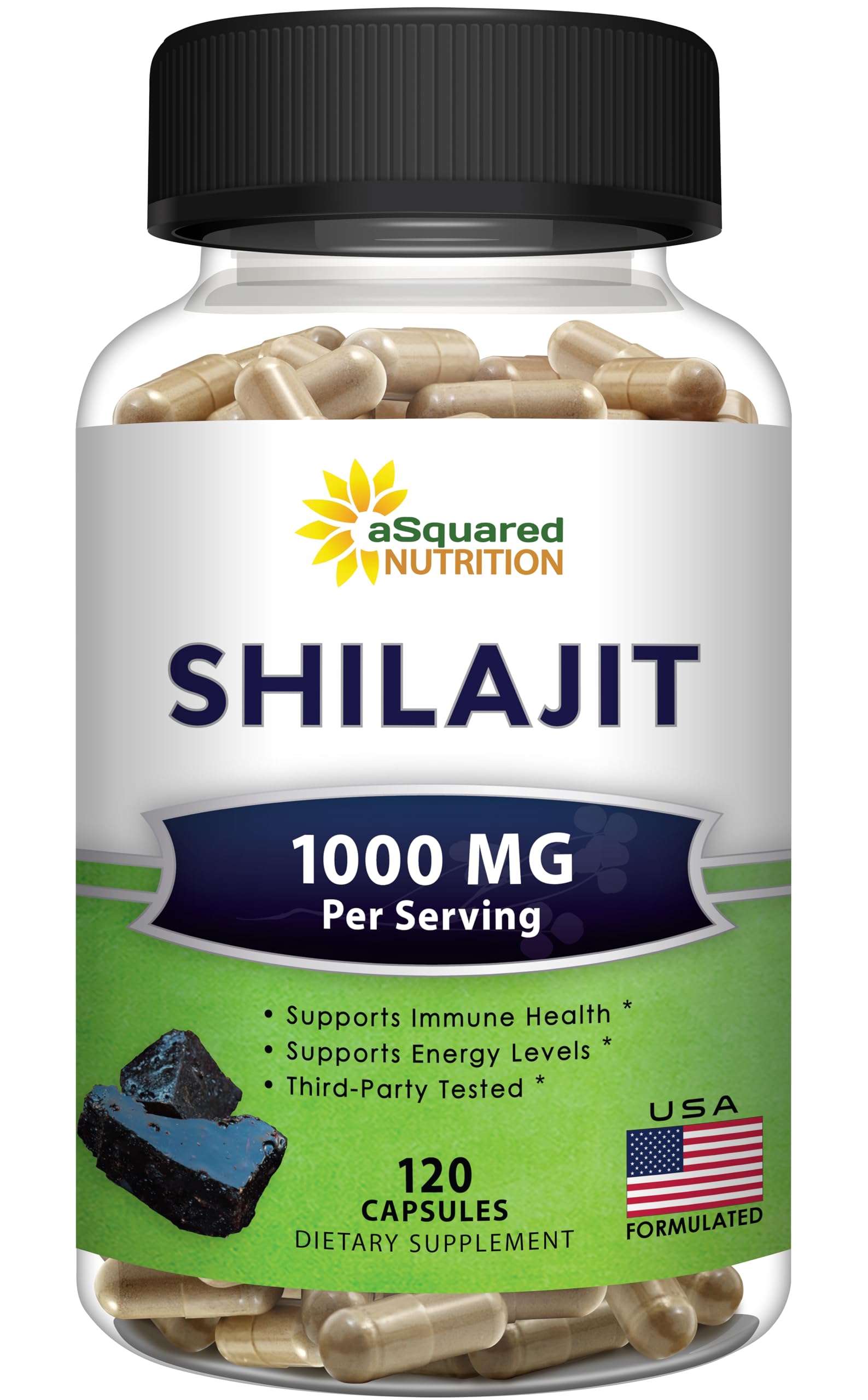 aSquared Nutrition Shilajit bottle front highlighting 1000 mg capsules for daily energy