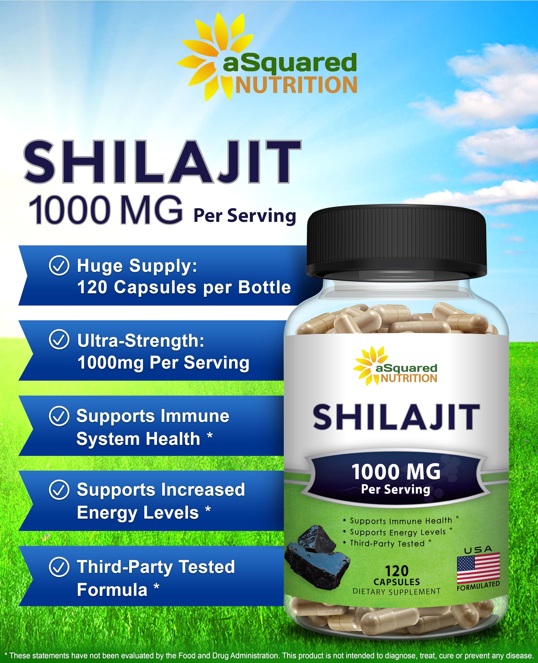 aSquared Nutrition Shilajit capsules closeup with pure extract and trace minerals