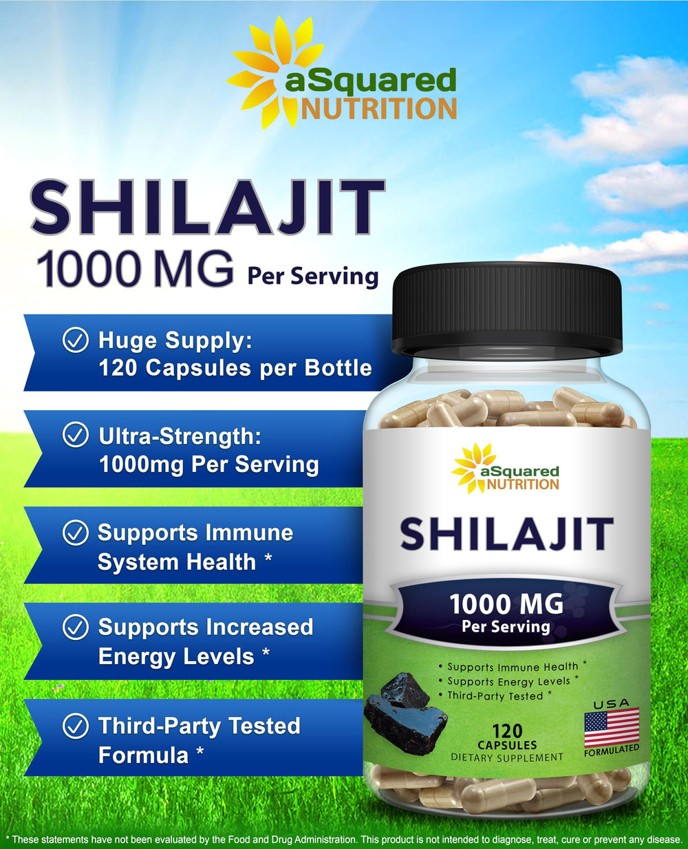 aSquared Nutrition Shilajit capsules closeup with pure extract and trace minerals