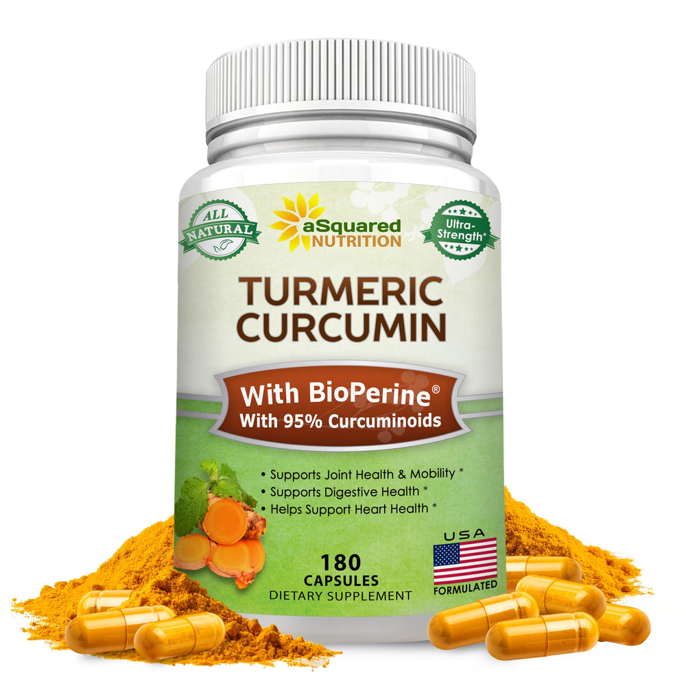 aSquared Nutrition Turmeric Curcumin bottle label highlighting potency for daily wellness