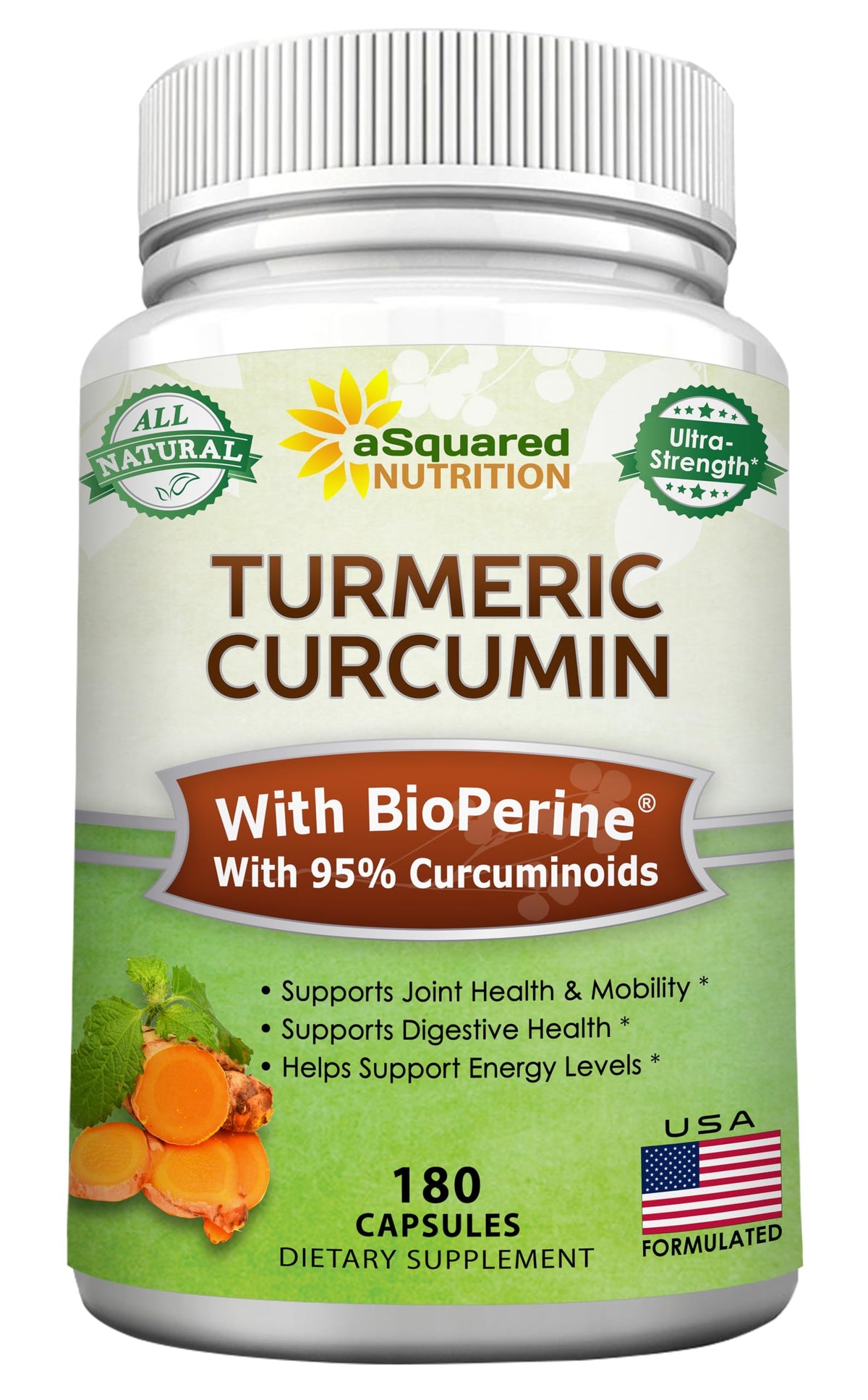 aSquared Nutrition Turmeric Curcumin bottle showing a high-potency formula for daily joint support