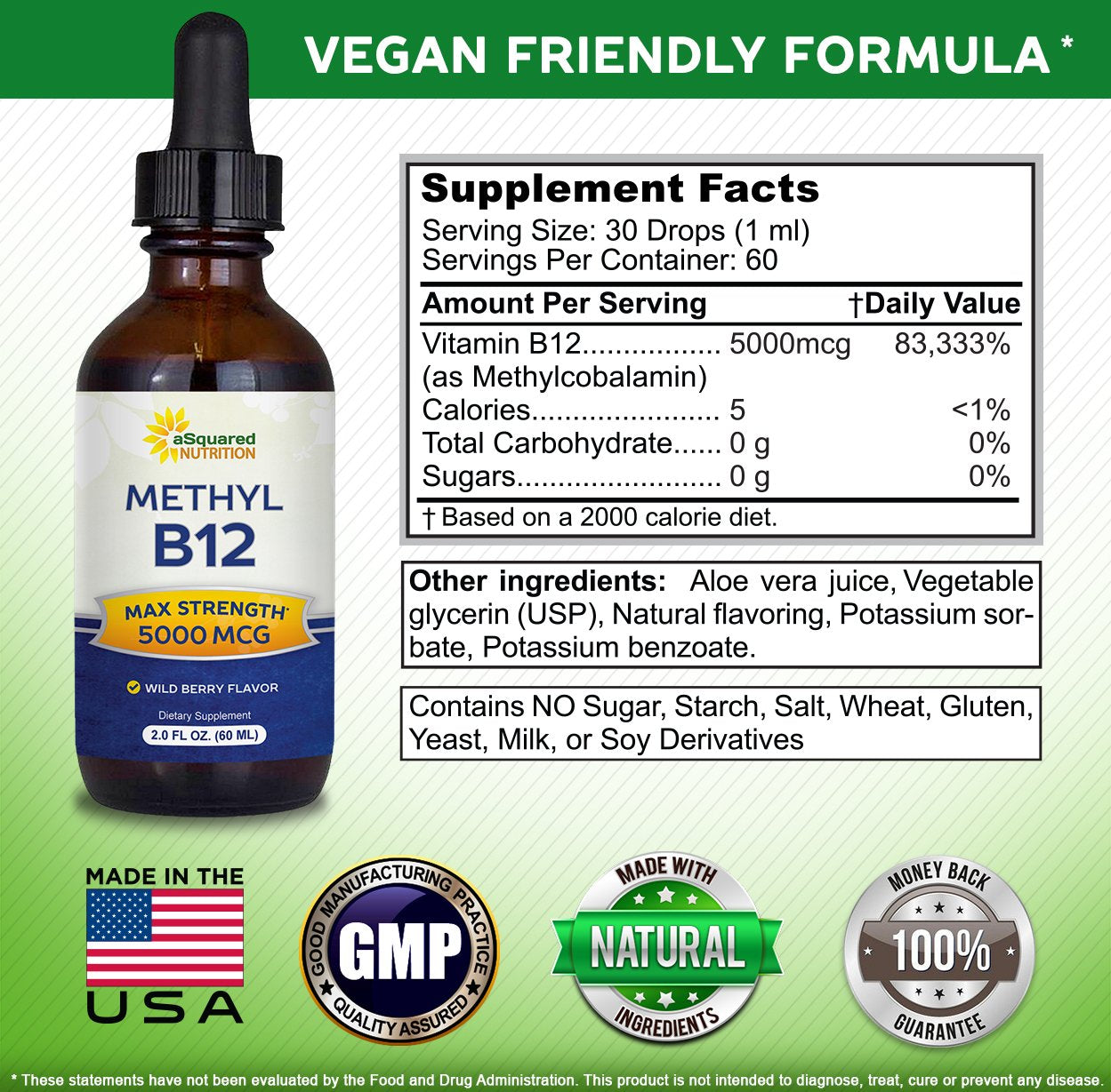 asquared nutrition vegan-friendly b12 drops label emphasizing vegan, gluten-free, soy-free credentials