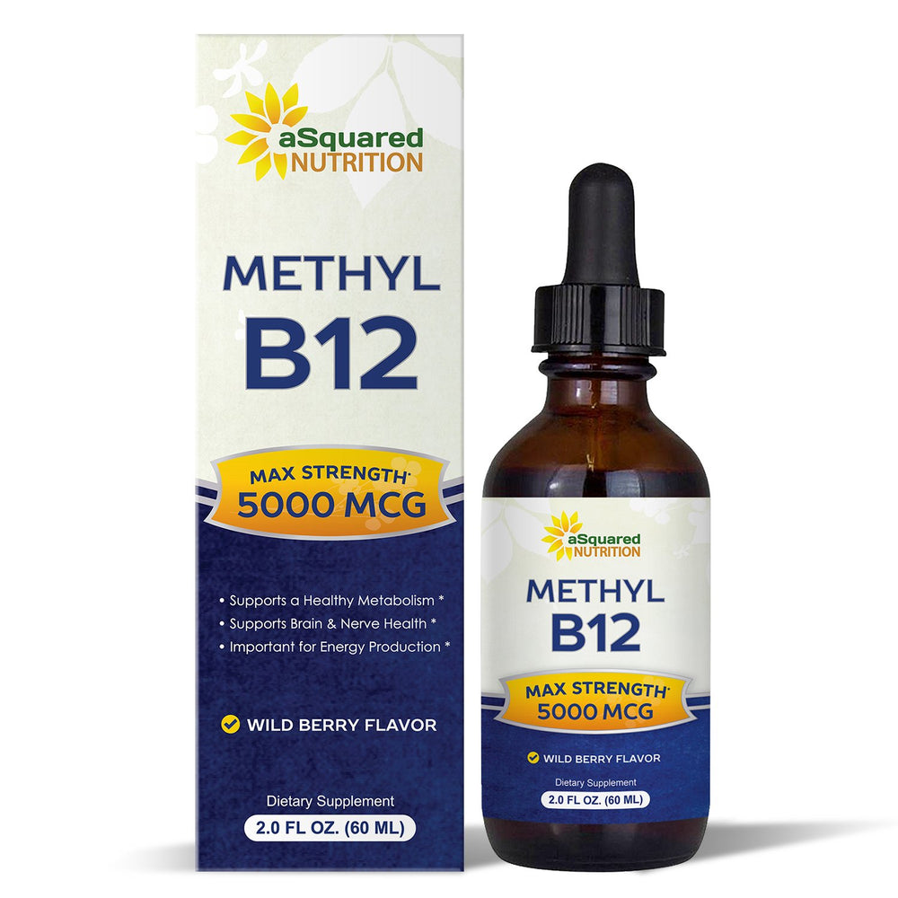 asquared nutrition vitamin b12 sublingual drops bottle with wild berry flavor for quick energy support