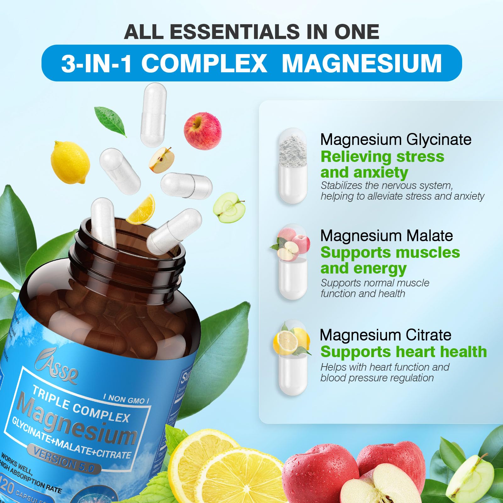 ASSR Triple Magnesium ingredients label close-up, highlighting high-absorption glycinate, malate and citrate.