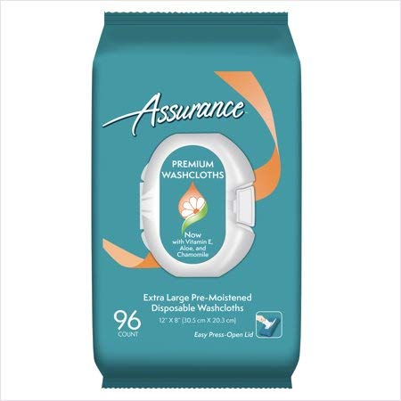 Assurance pre-moistened extra-large washcloths in two-pack with convenient lid.