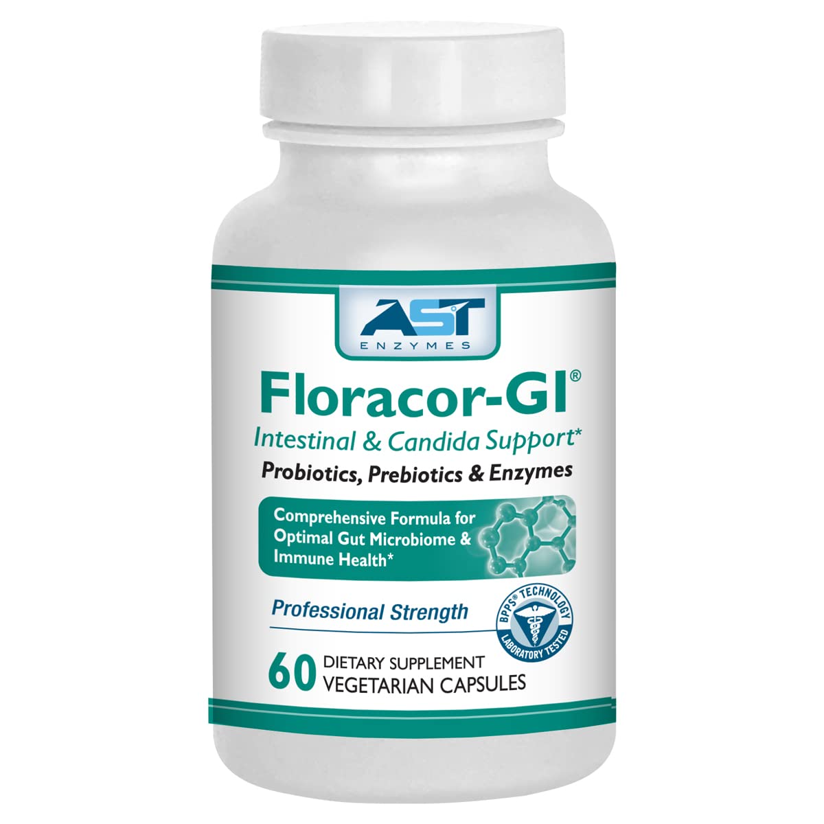 AST Enzymes Floracor bottle pour showing easy daily probiotic use for gut support.
