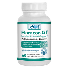 AST Enzymes Floracor bottle pour showing easy daily probiotic use for gut support.