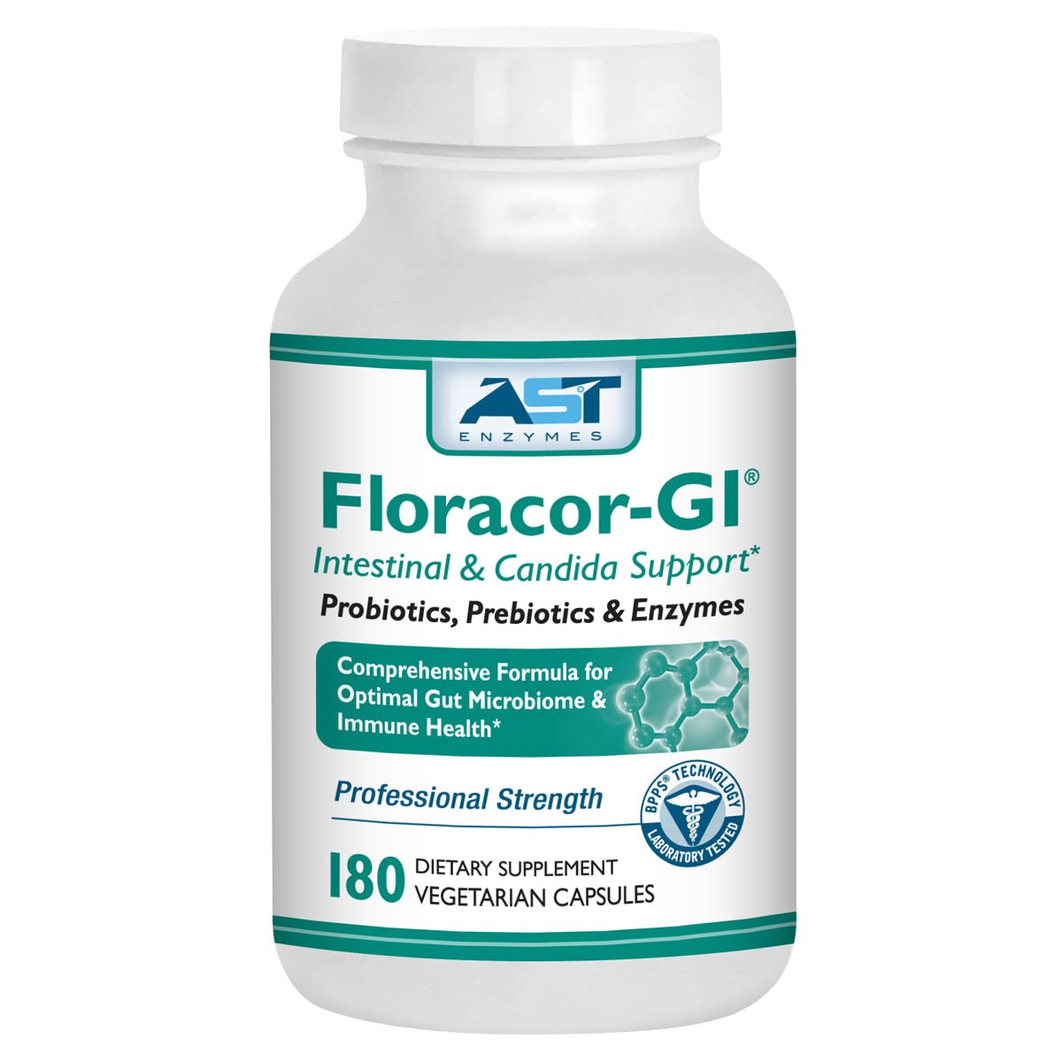 Floracor-GI bottle with capsules for daily digestive support.