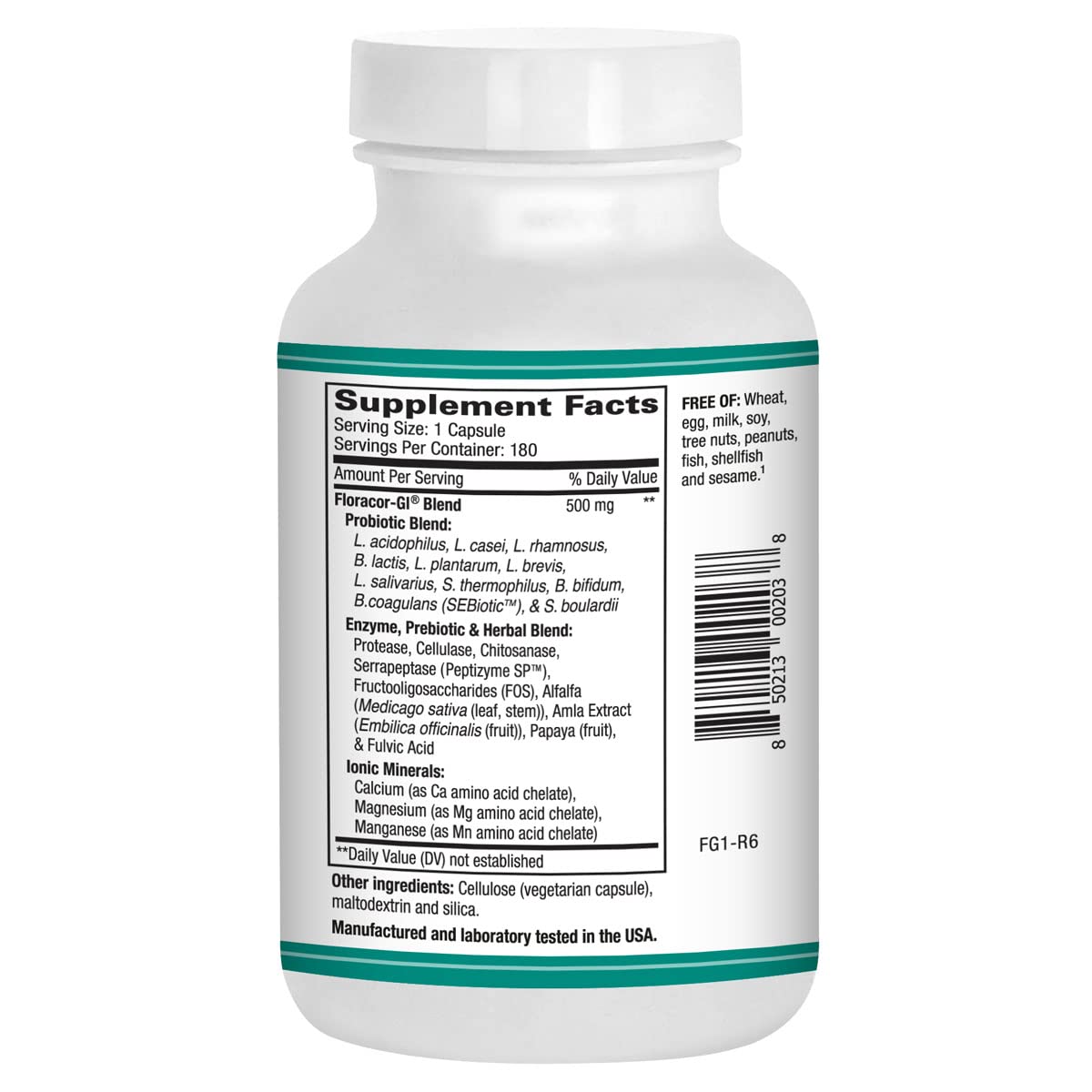 Floracor-GI capsules close-up showing vegetarian gut health formula.