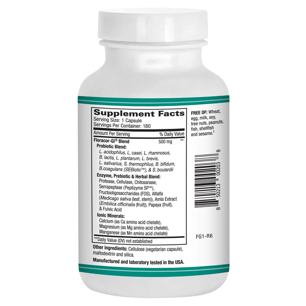 Floracor-GI capsules close-up showing vegetarian gut health formula.