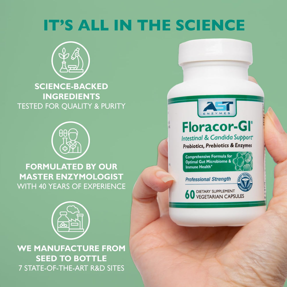 Floracor-GI ingredient panel with probiotics and enzymes.