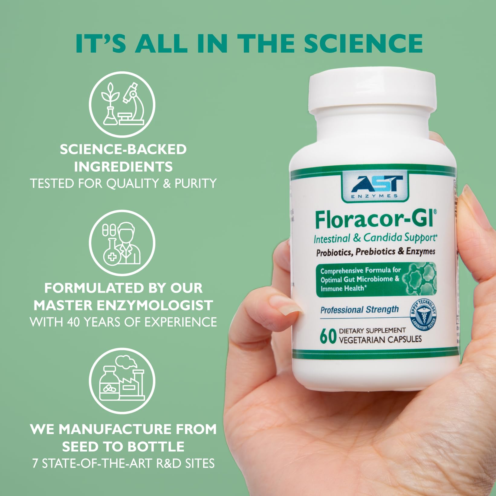 AST Enzymes Floracor manufacturing-lab scene signaling in-house quality testing for purity.