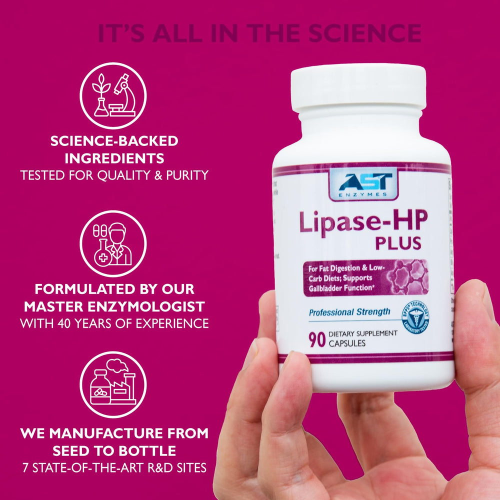 The nutrition facts panel on Lipase-HP Plus emphasizes high lipase concentration