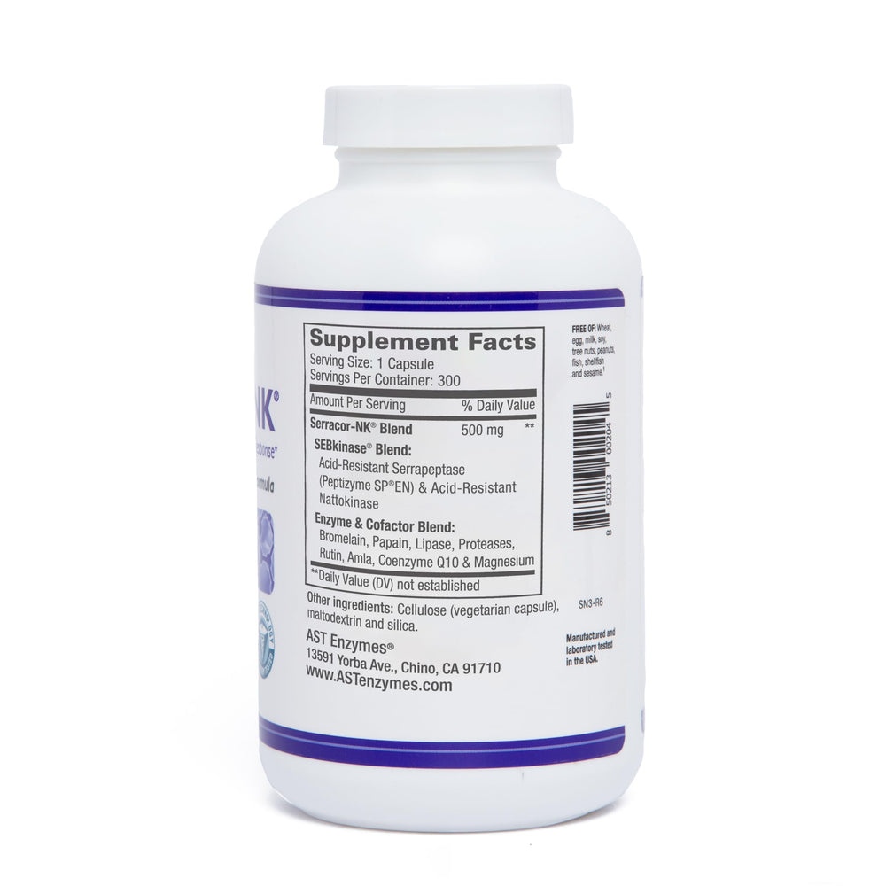 AST Enzymes Serracor-NK capsules close-up highlighting acid-resistant formula.
