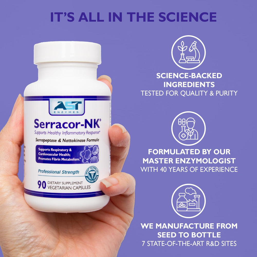 AST Enzymes Serracor-NK illuminated bottle on shelf conveys clarity and quality.