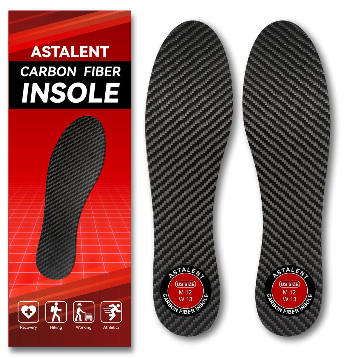 ASTALENT carbon fiber insole pair offers rigid support for daily walking.