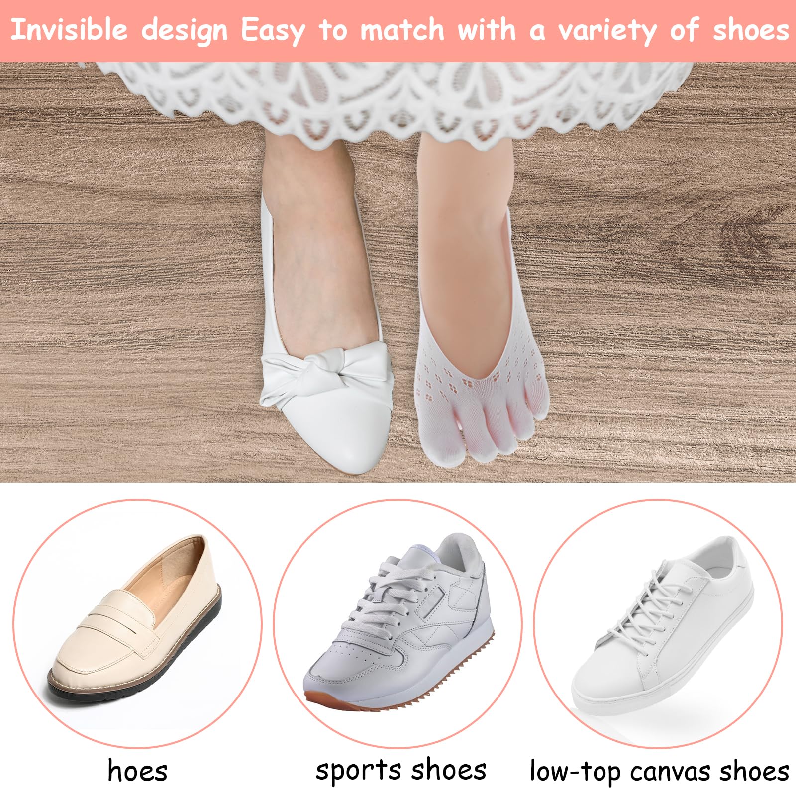 Aster breathable polyester toe socks with low profile fit.