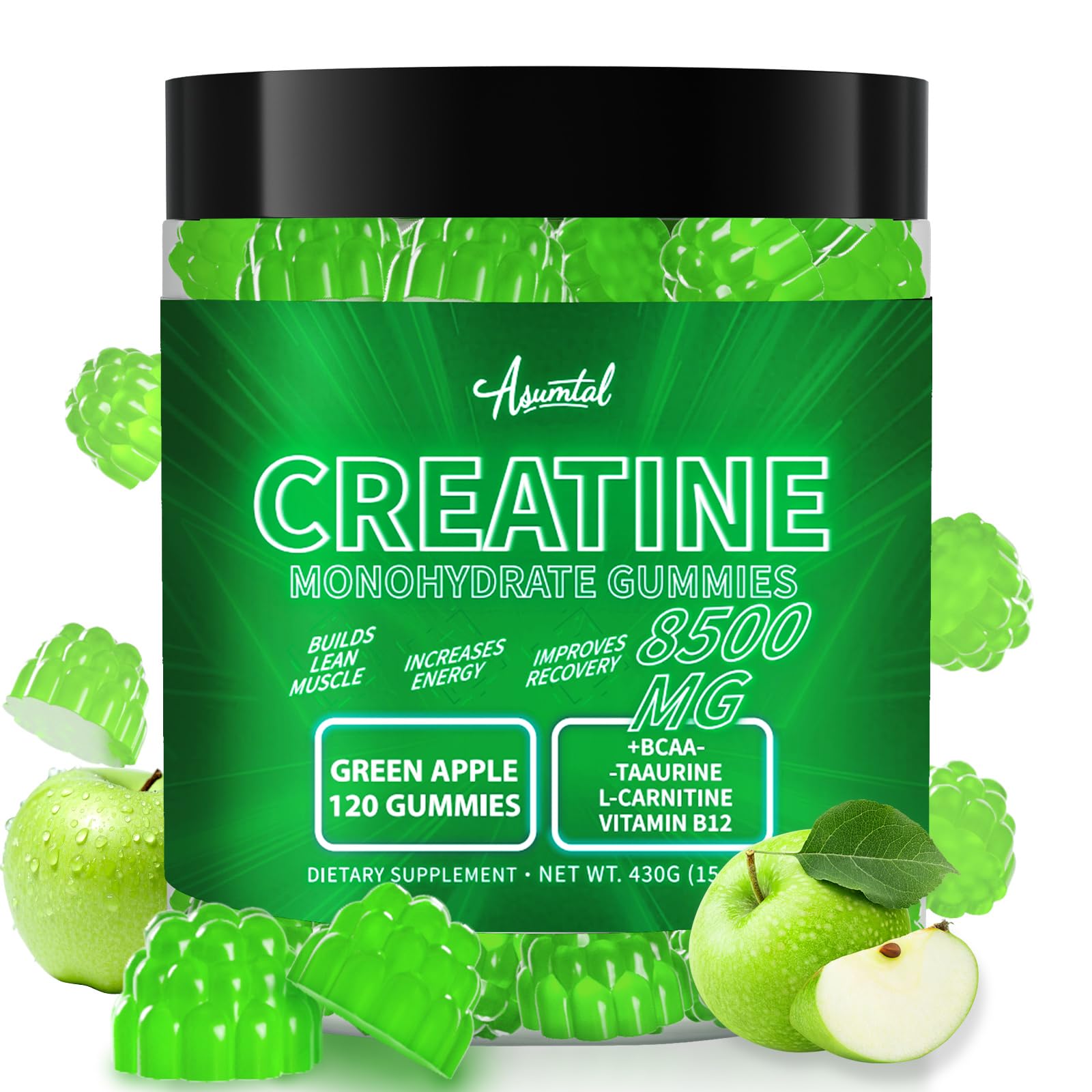 Asumtal Creatine Monohydrate Gummies bottle close-up for energy and performance.