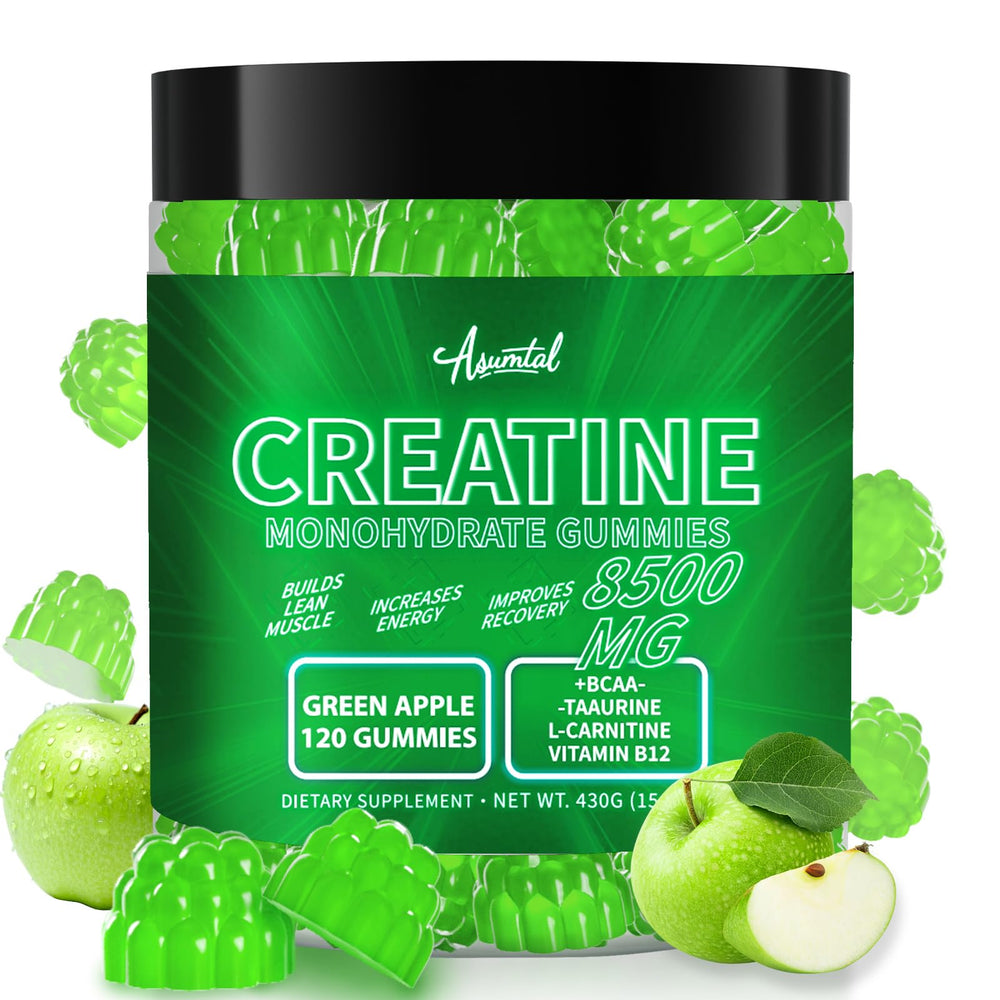 Asumtal Creatine Monohydrate Gummies bottle close-up for energy and performance.