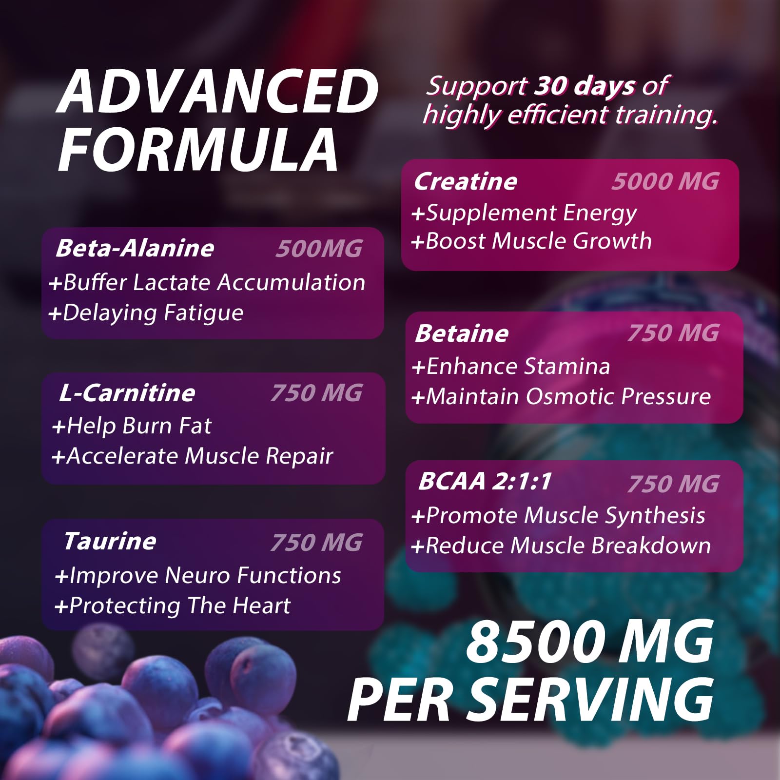 Asumtal Creatine Monohydrate Gummies ingredient blend with BCAA and Taurine.