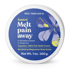 ASUTRA Melt Pain Away Cream tube closeup showing sleek packaging for fast relief.