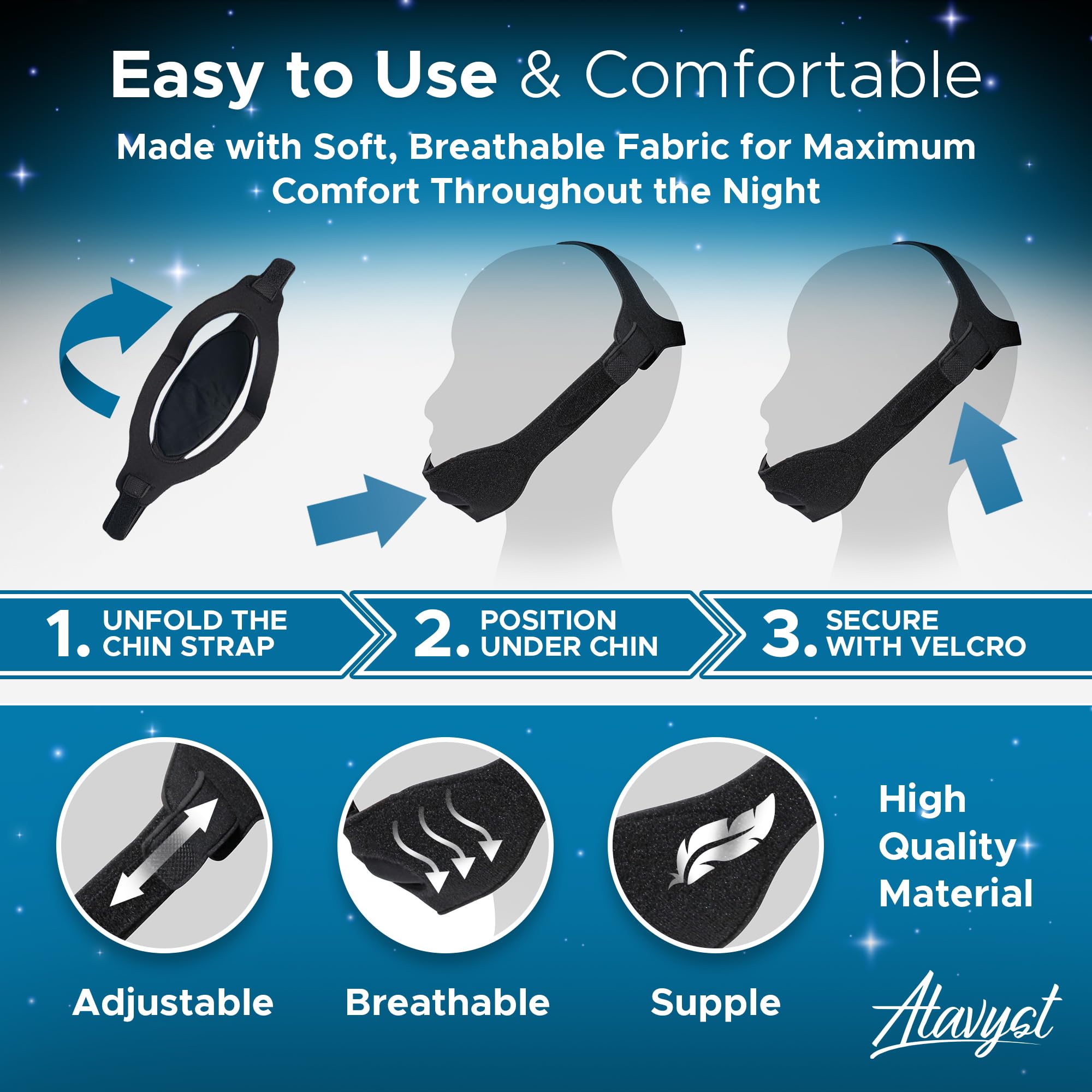 Atavyst chin strap in bed illustrating unobtrusive wear with CPAP gear