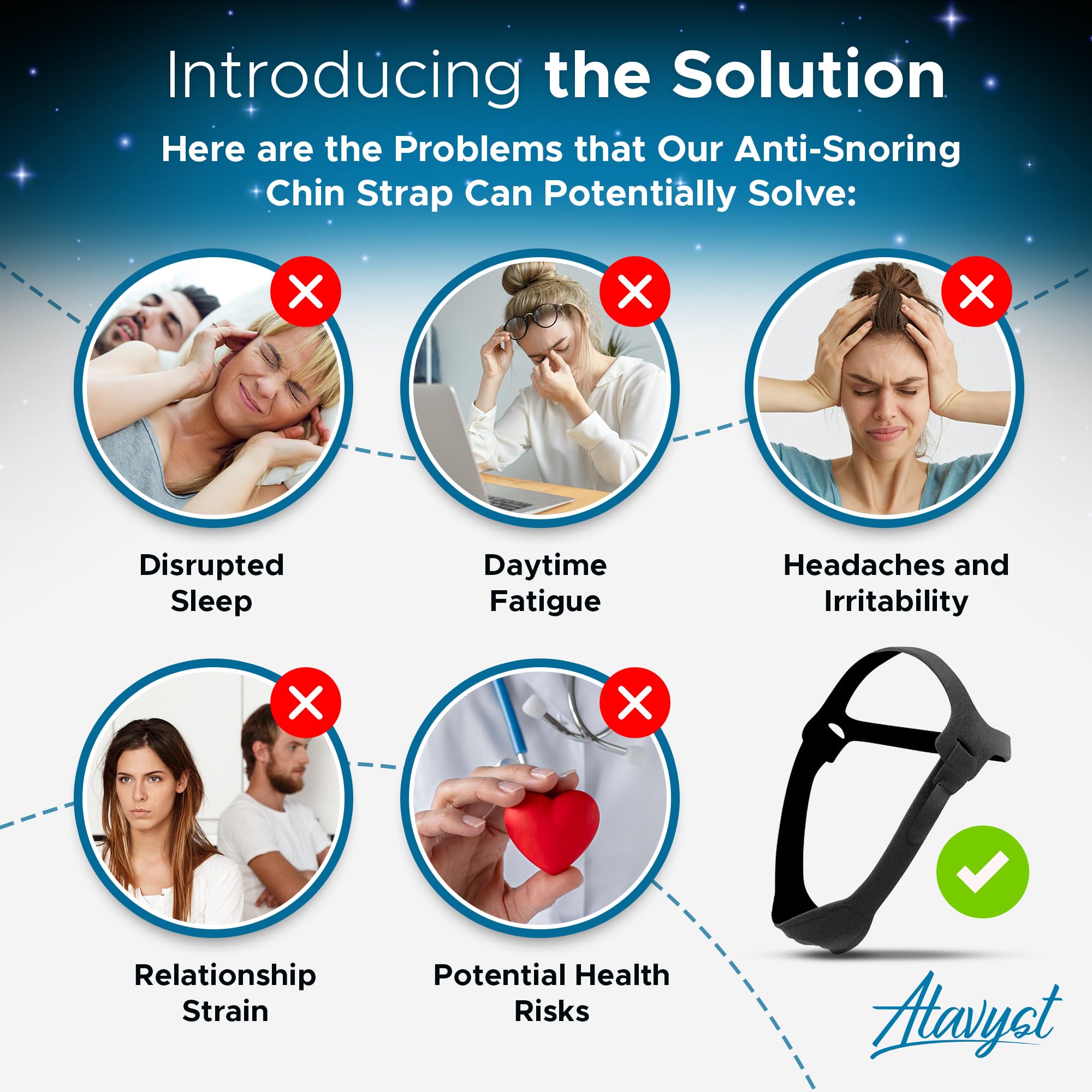 Atavyst soft neoprene strap worn for comfortable sleep throughout the night