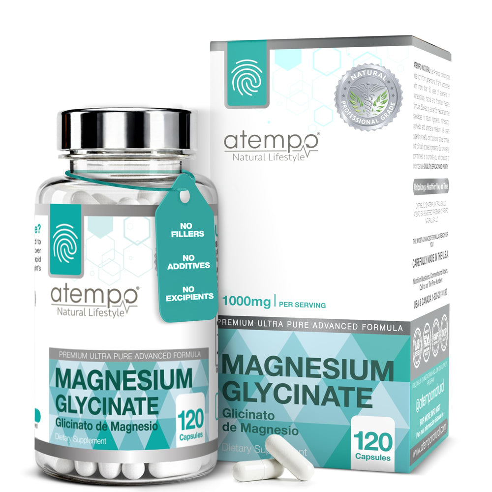 ATEMPO Natural Magnesium Glycinate 1000mg bottle on white background for relaxation potential.