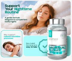 ATEMPO Natural Magnesium Glycinate capsules close-up highlighting easy digestion and daily convenience.