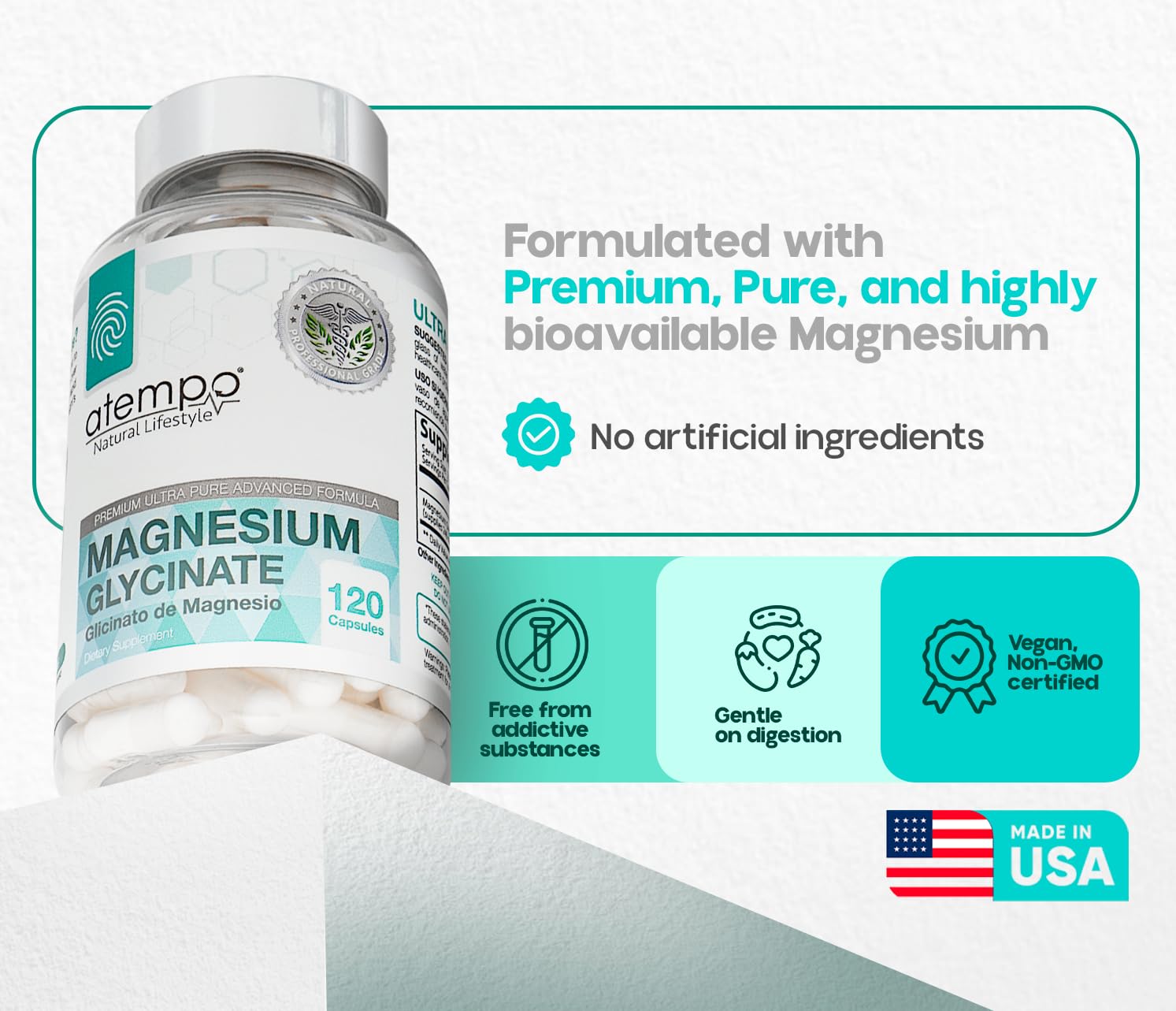Capsules in hand with ATEMPO bottle conveying an everyday supplement routine.