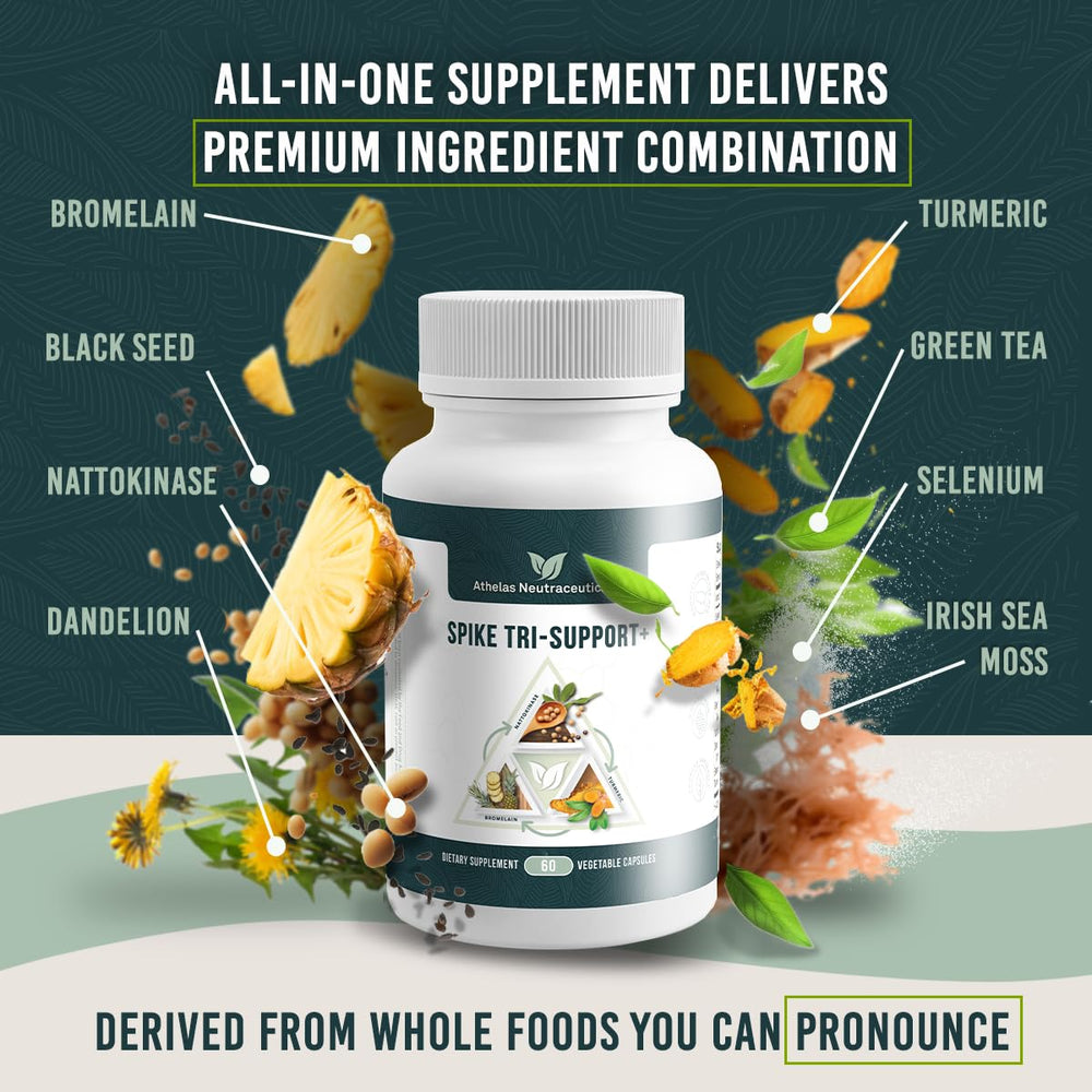 Athelas Spike Tri-Support label highlights nattokinase, bromelain, and turmeric for synergy
