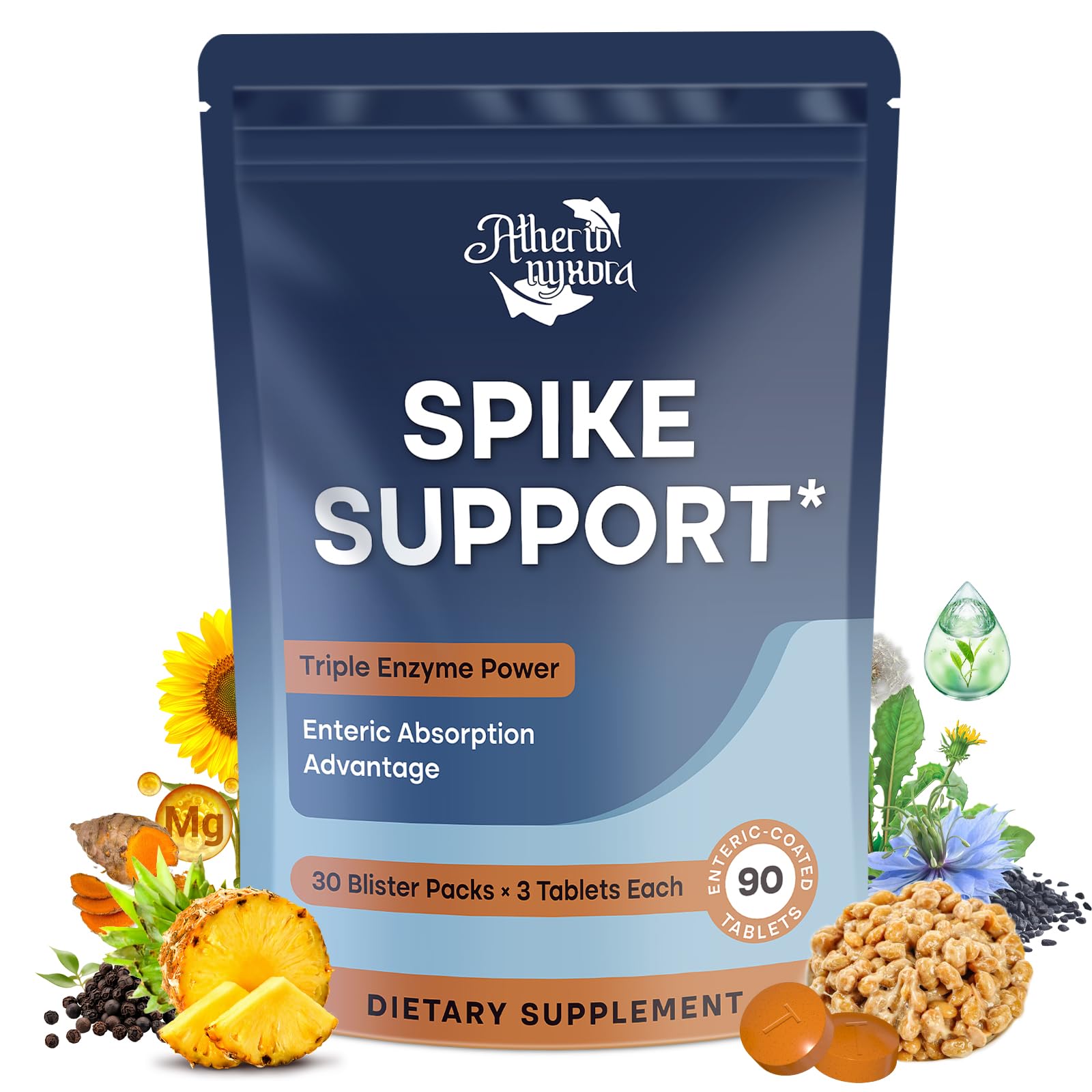 Atherionyxora Spike Detox bottle front view highlighting the 3-in-1 enzyme blend for circulatory support.